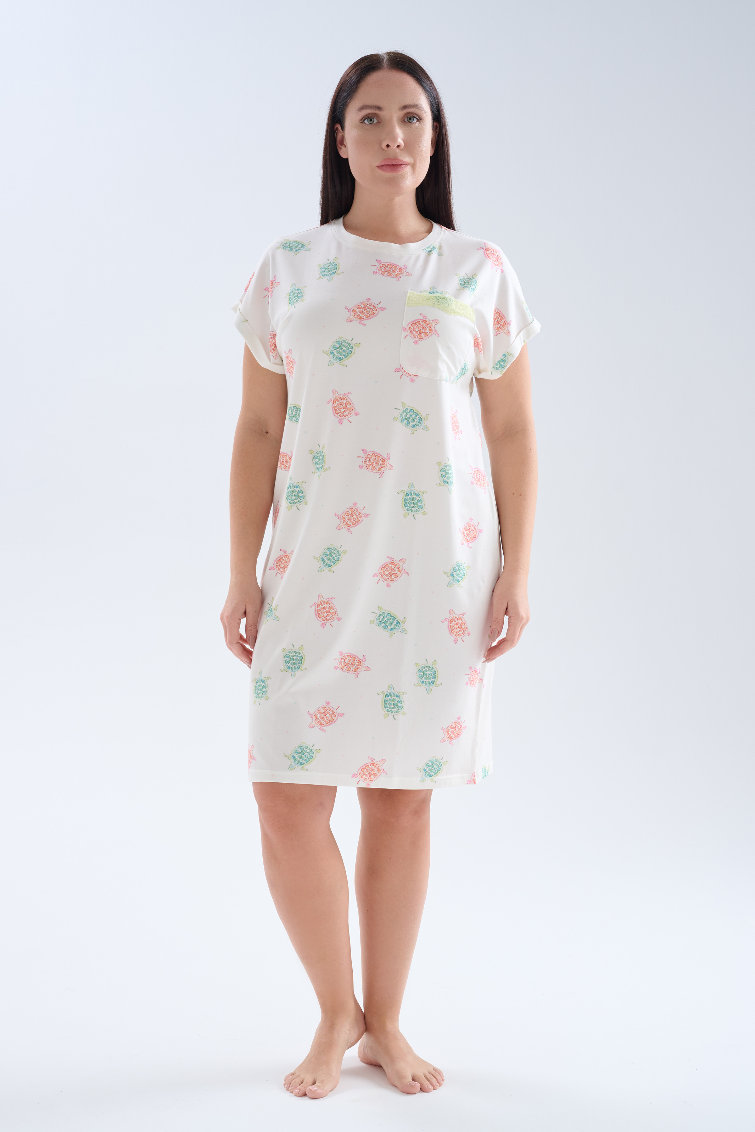 Kadın Plus Size Pamuklu Cepli Kısa Kollu Gecelik