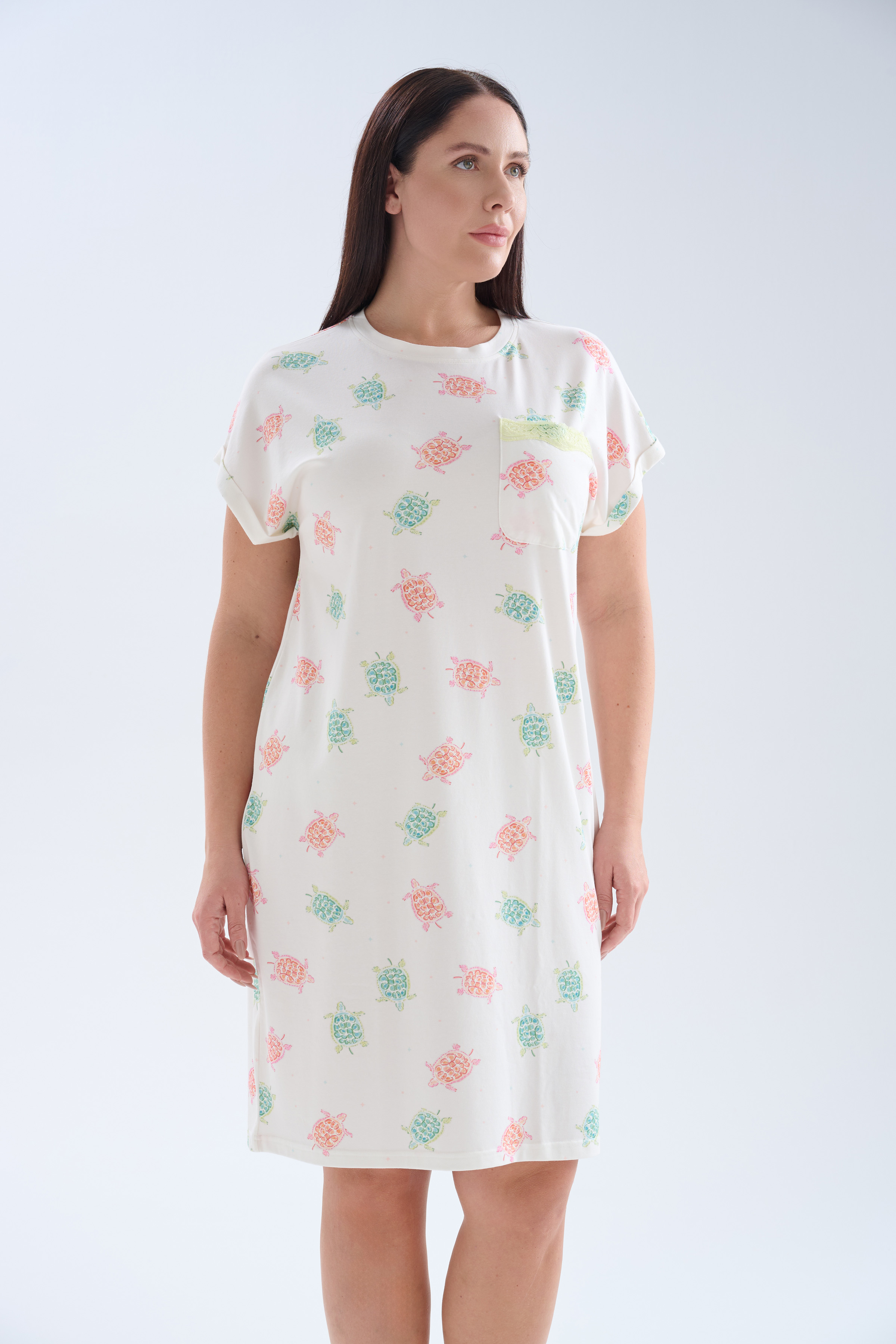 Kadın Plus Size Pamuklu Cepli Kısa Kollu Gecelik