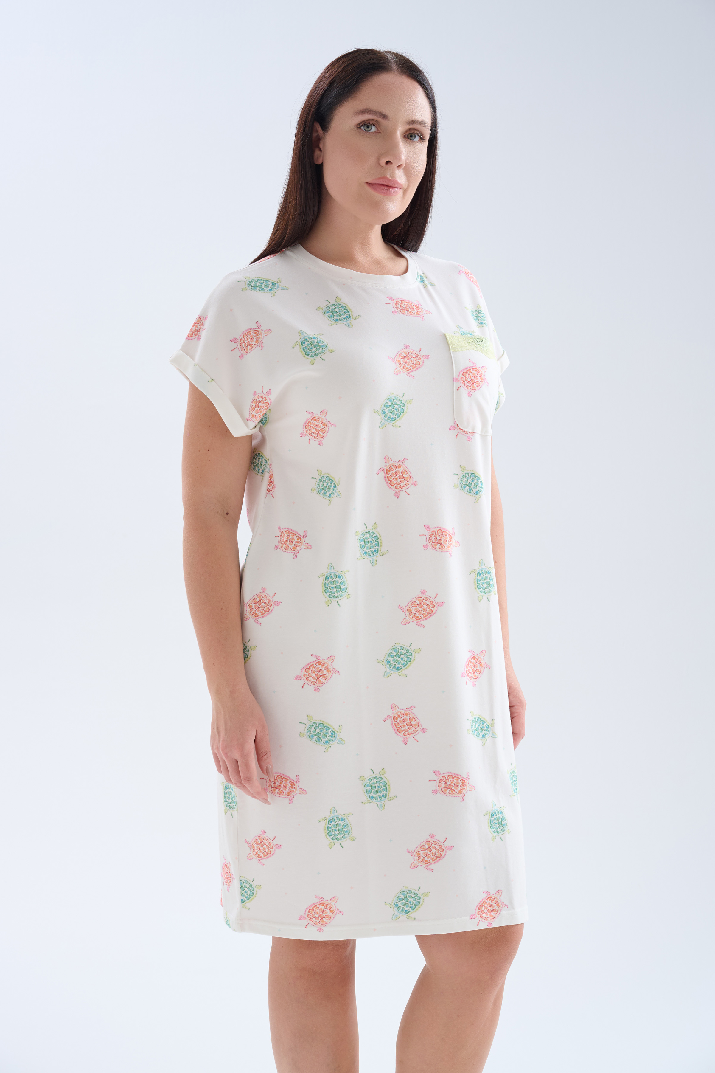 Kadın Plus Size Pamuklu Cepli Kısa Kollu Gecelik