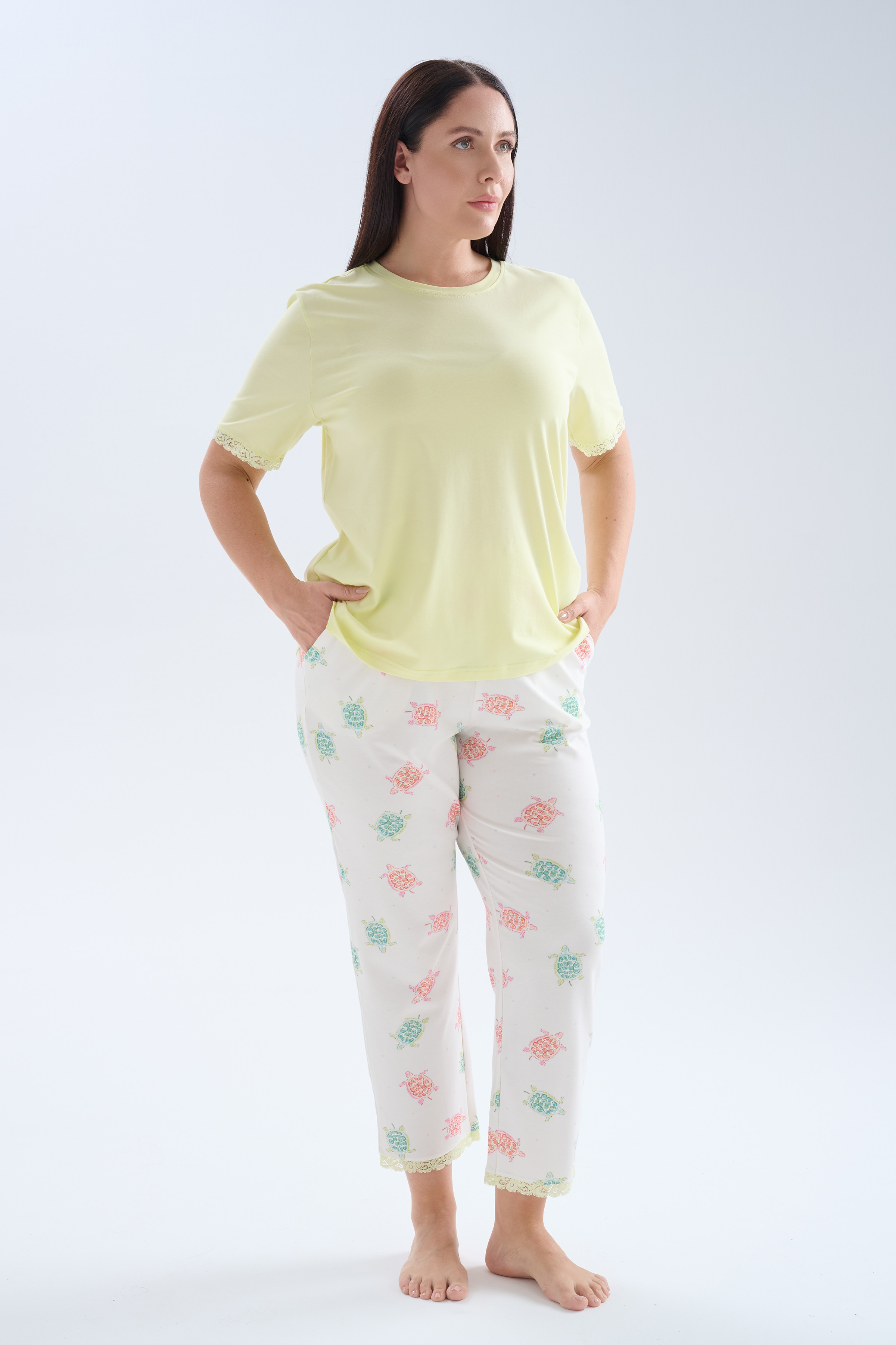 Kadın Plus Size Pamuklu Kısa Kollu Uzun Pijama Takımı