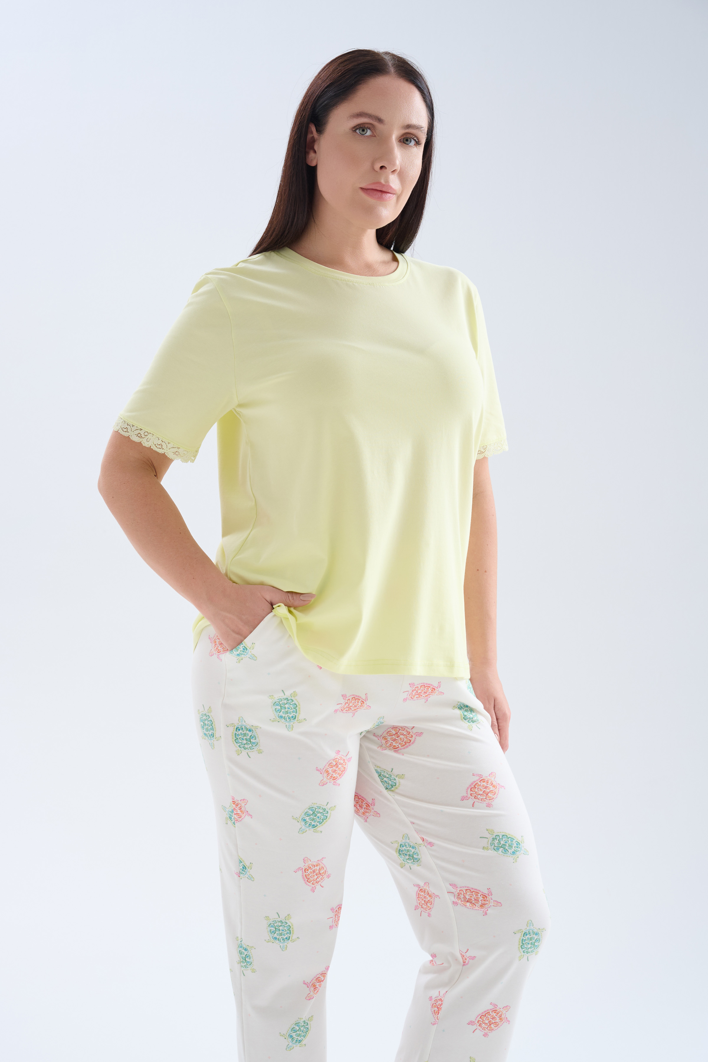 Kadın Plus Size Pamuklu Kısa Kollu Uzun Pijama Takımı