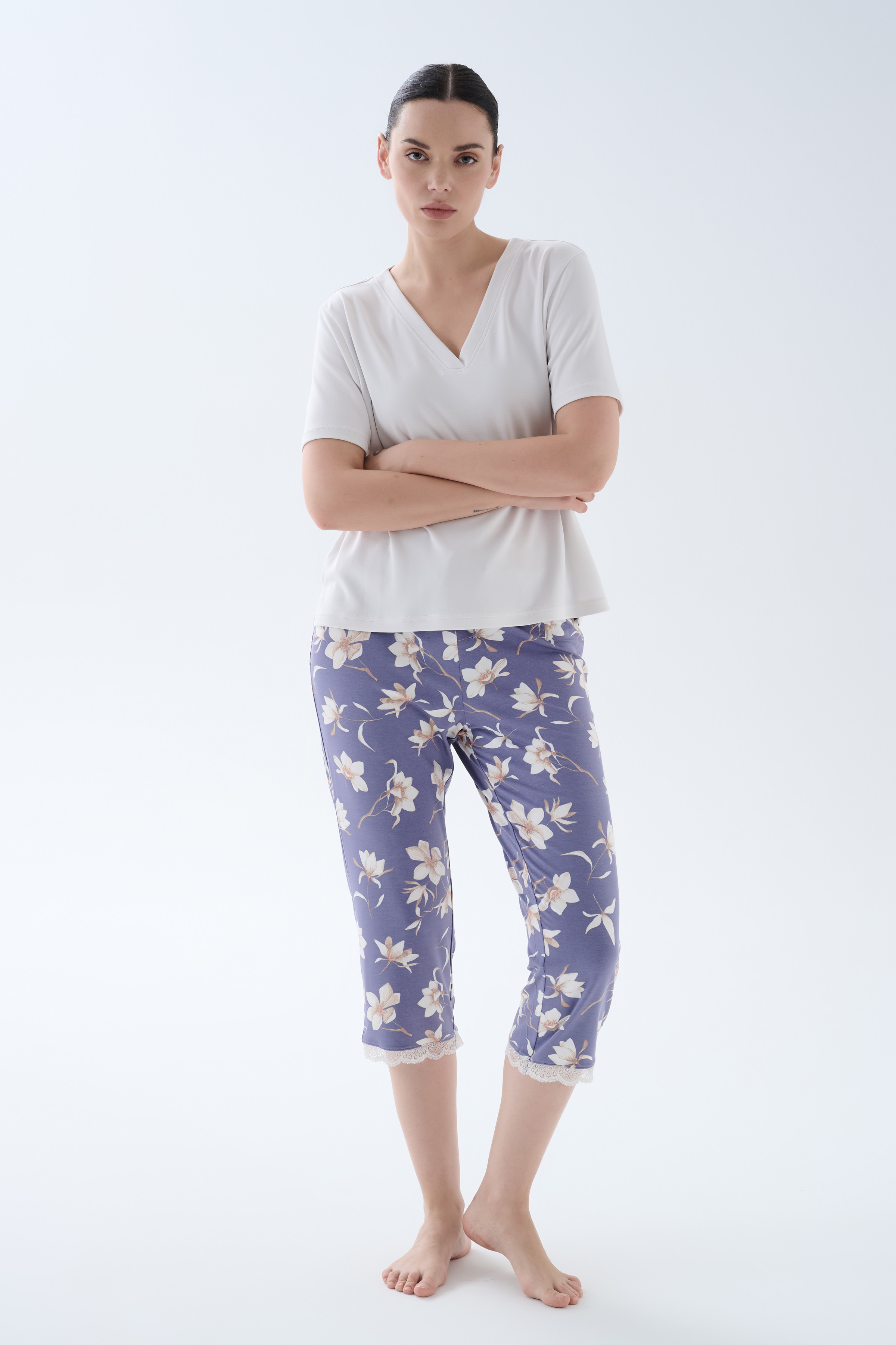 Kadın Viskoz Kısa Kollu V Yaka Midi Pijama Takımı