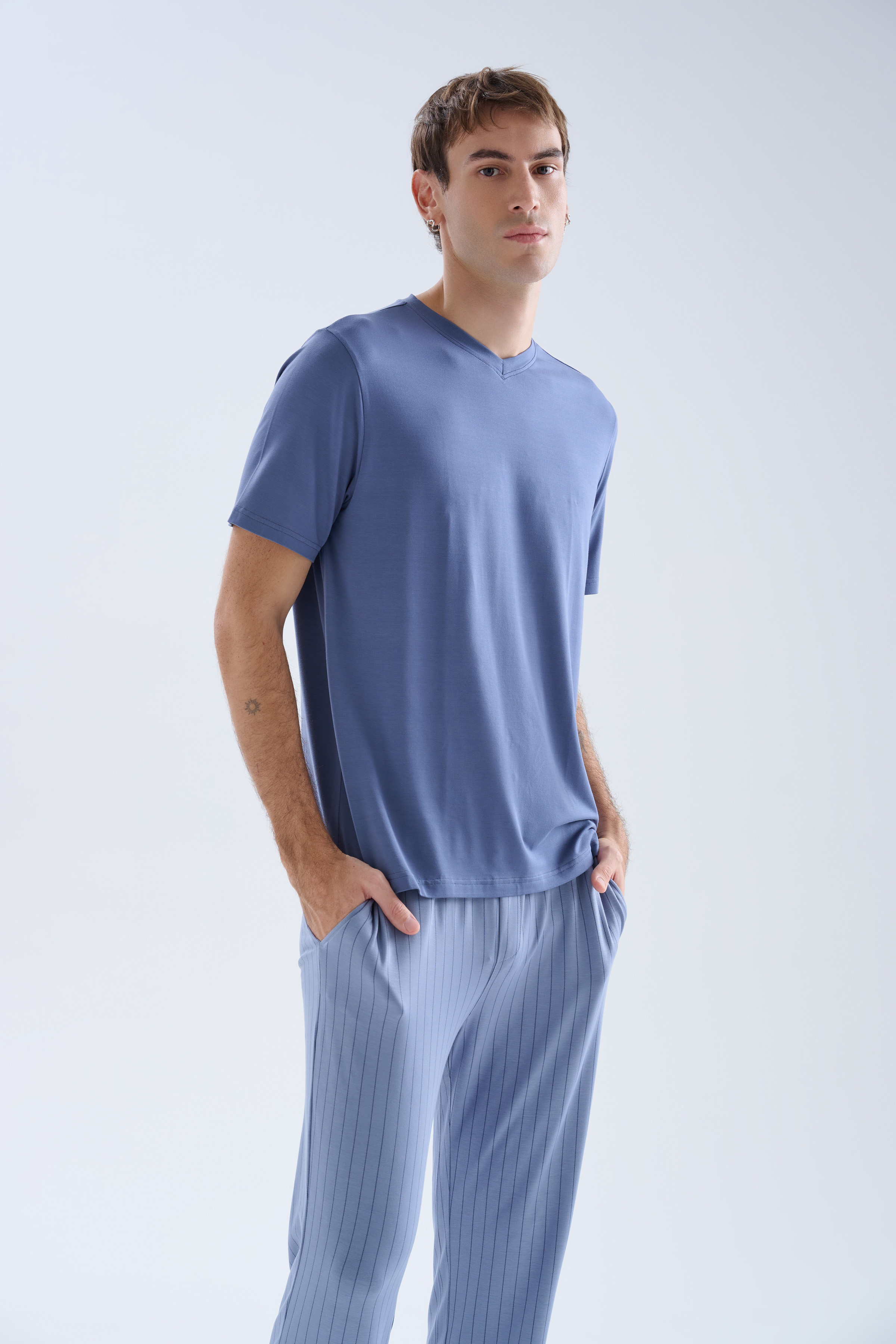 Erkek Viskoz Kısa Kollu V Yaka Pijama Üstü