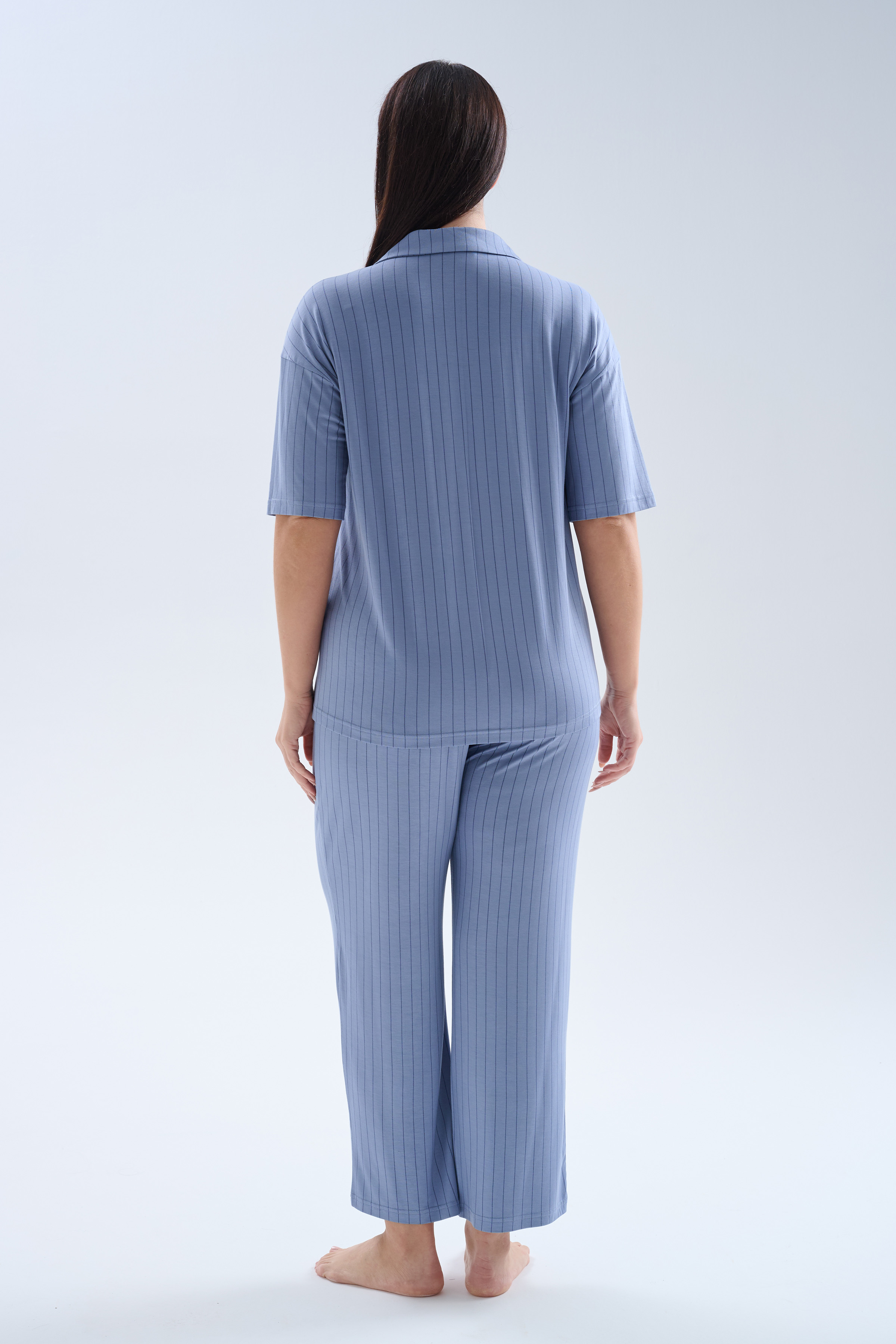 Kadın Plus Size Viskoz Kısa Kollu Gömlek Uzun Pijama Takımı