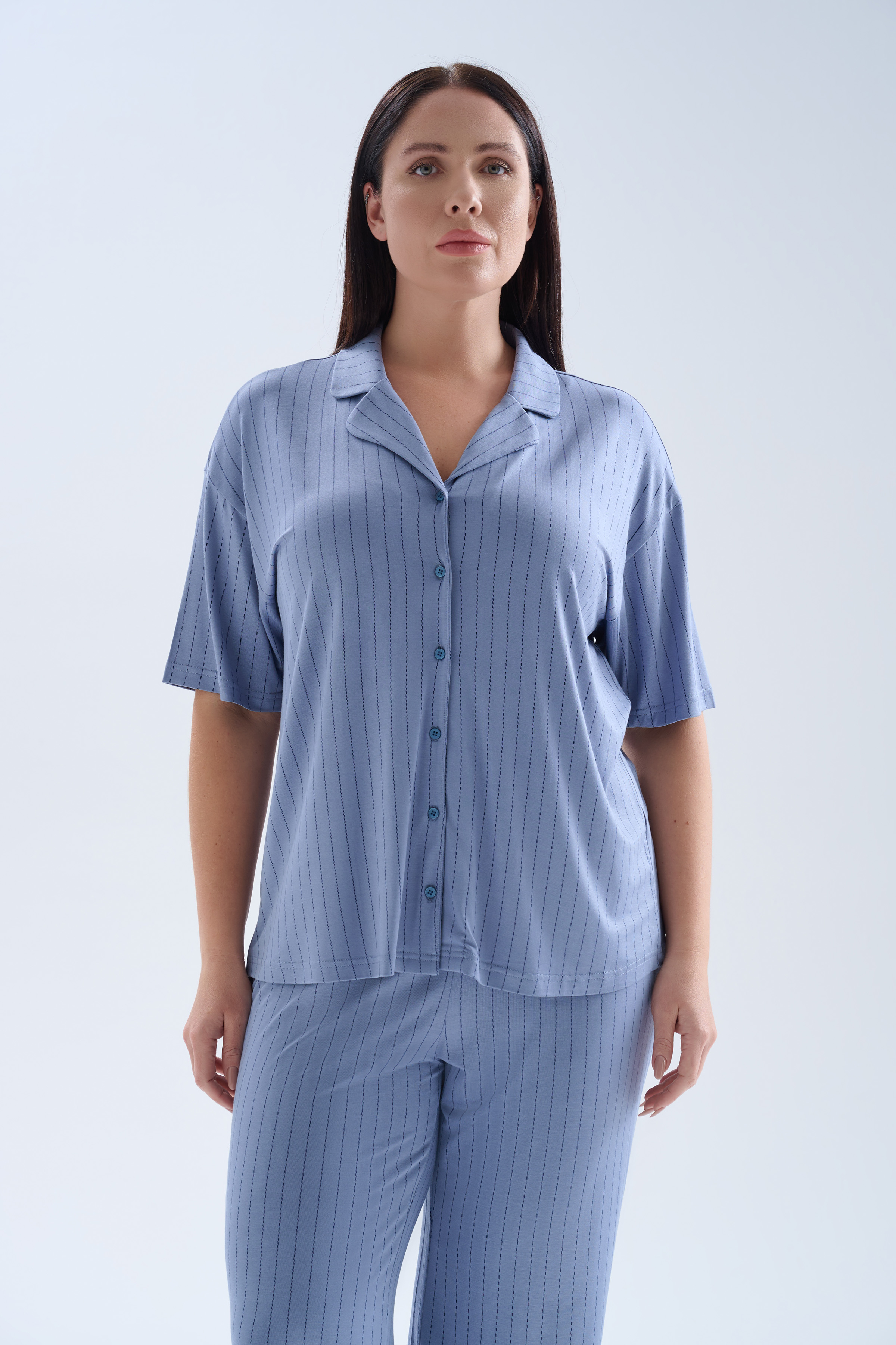 Kadın Plus Size Viskoz Kısa Kollu Gömlek Uzun Pijama Takımı