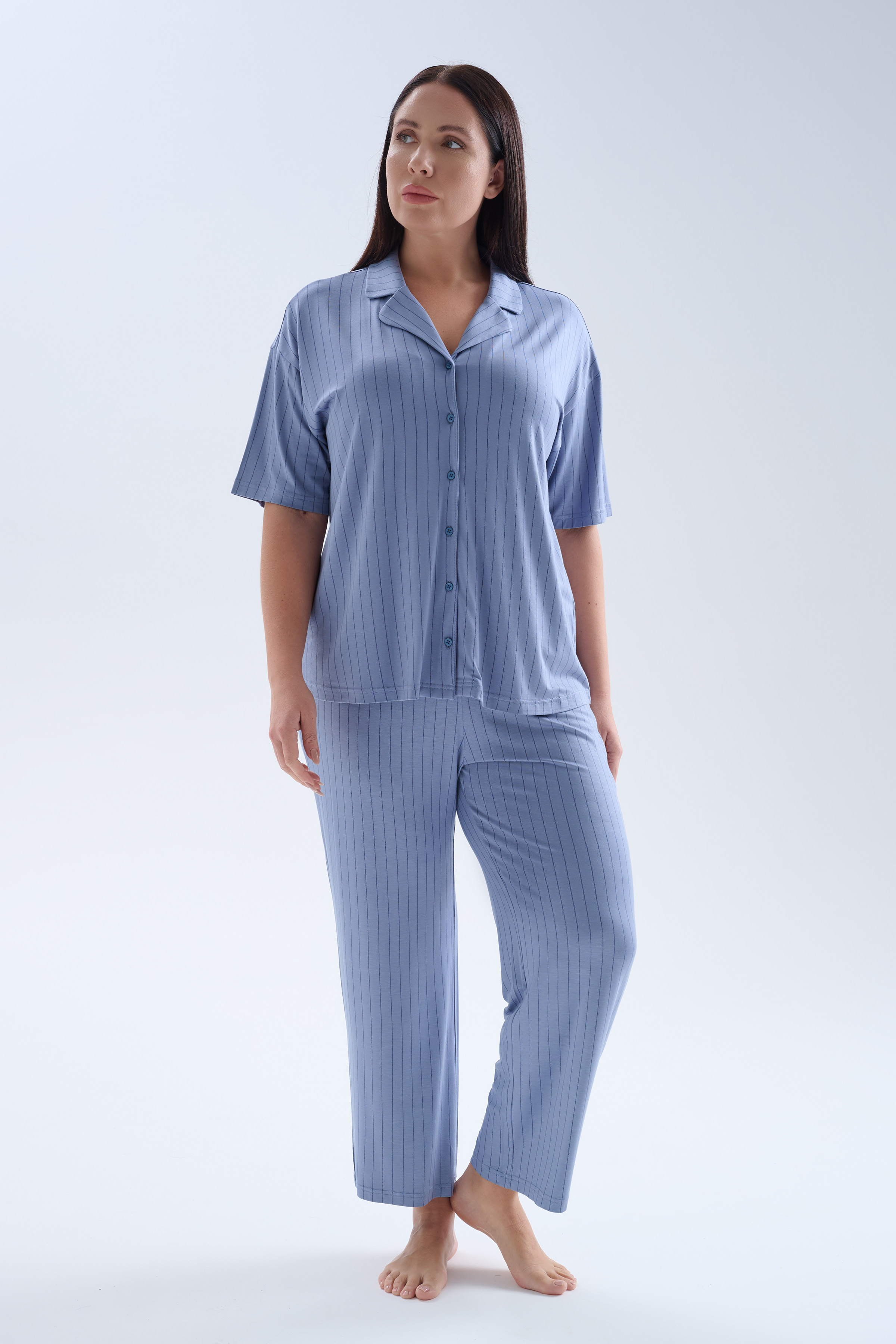 Kadın Plus Size Viskoz Kısa Kollu Gömlek Uzun Pijama Takımı