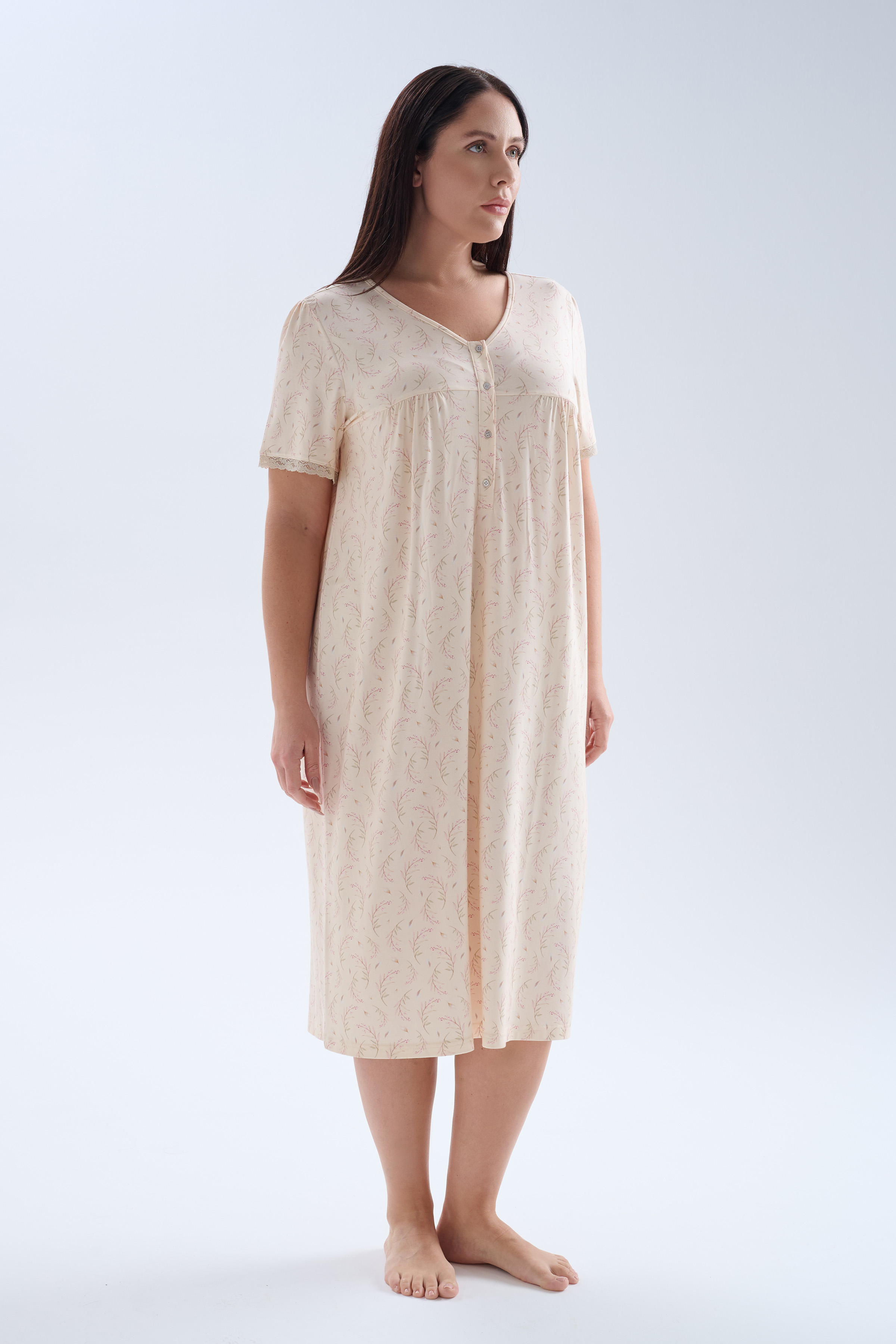 Kadın Plus Size Viskoz Kısa Kollu Düğmeli V Yaka Gecelik