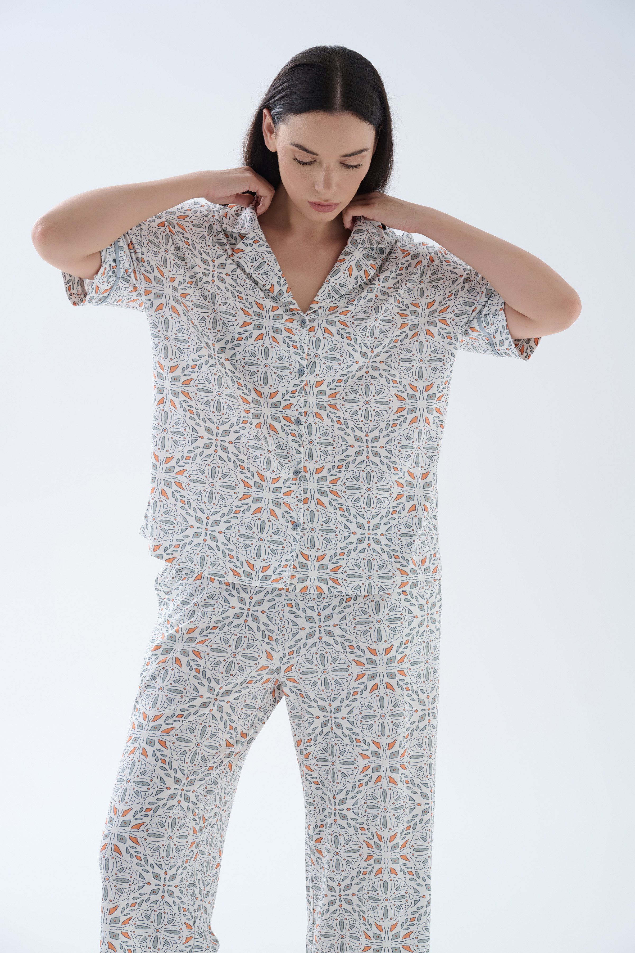 Kadın Viskoz Kısa Kollu Gömlek Pijama Üstü