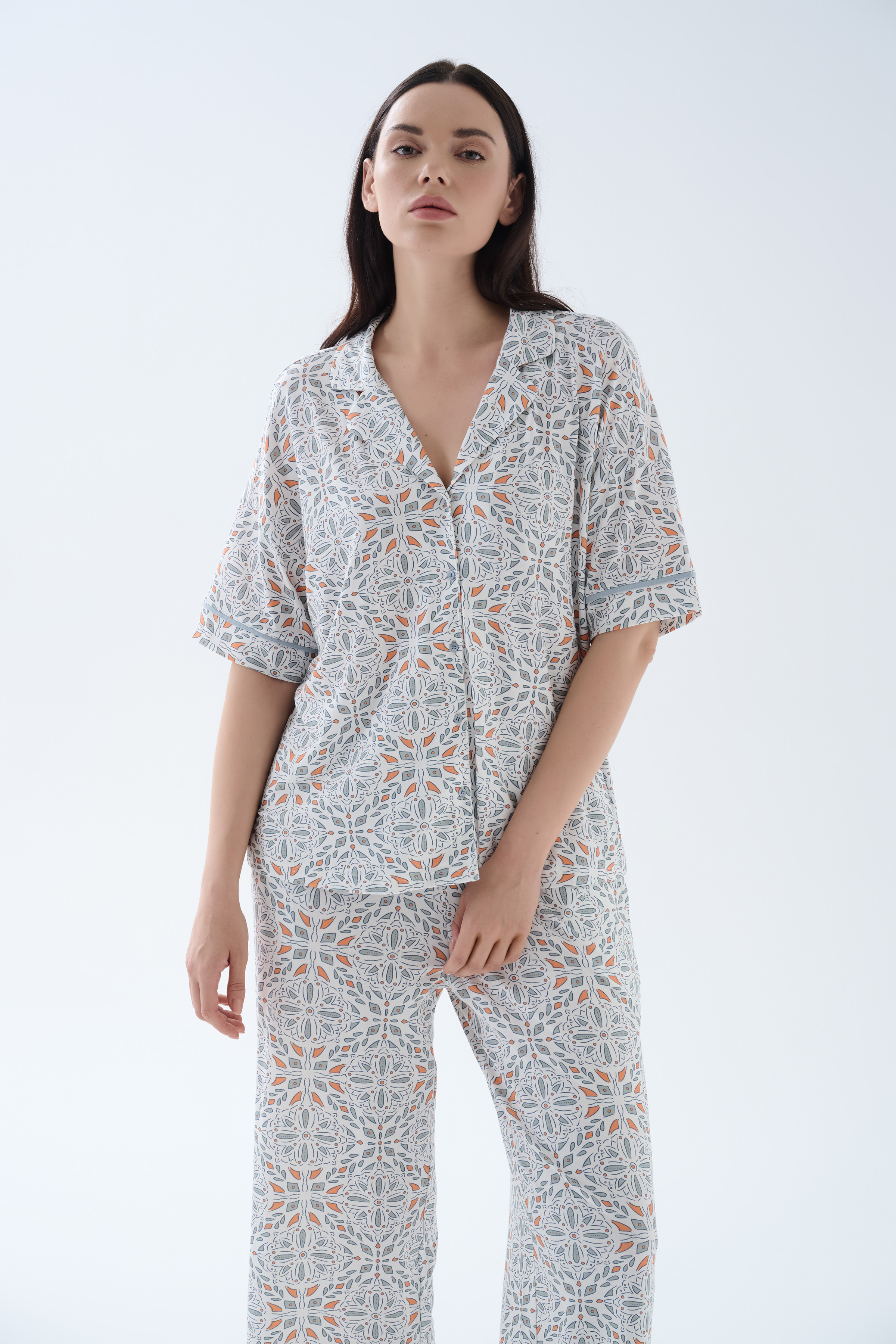 Kadın Viskoz Kısa Kollu Gömlek Pijama Üstü