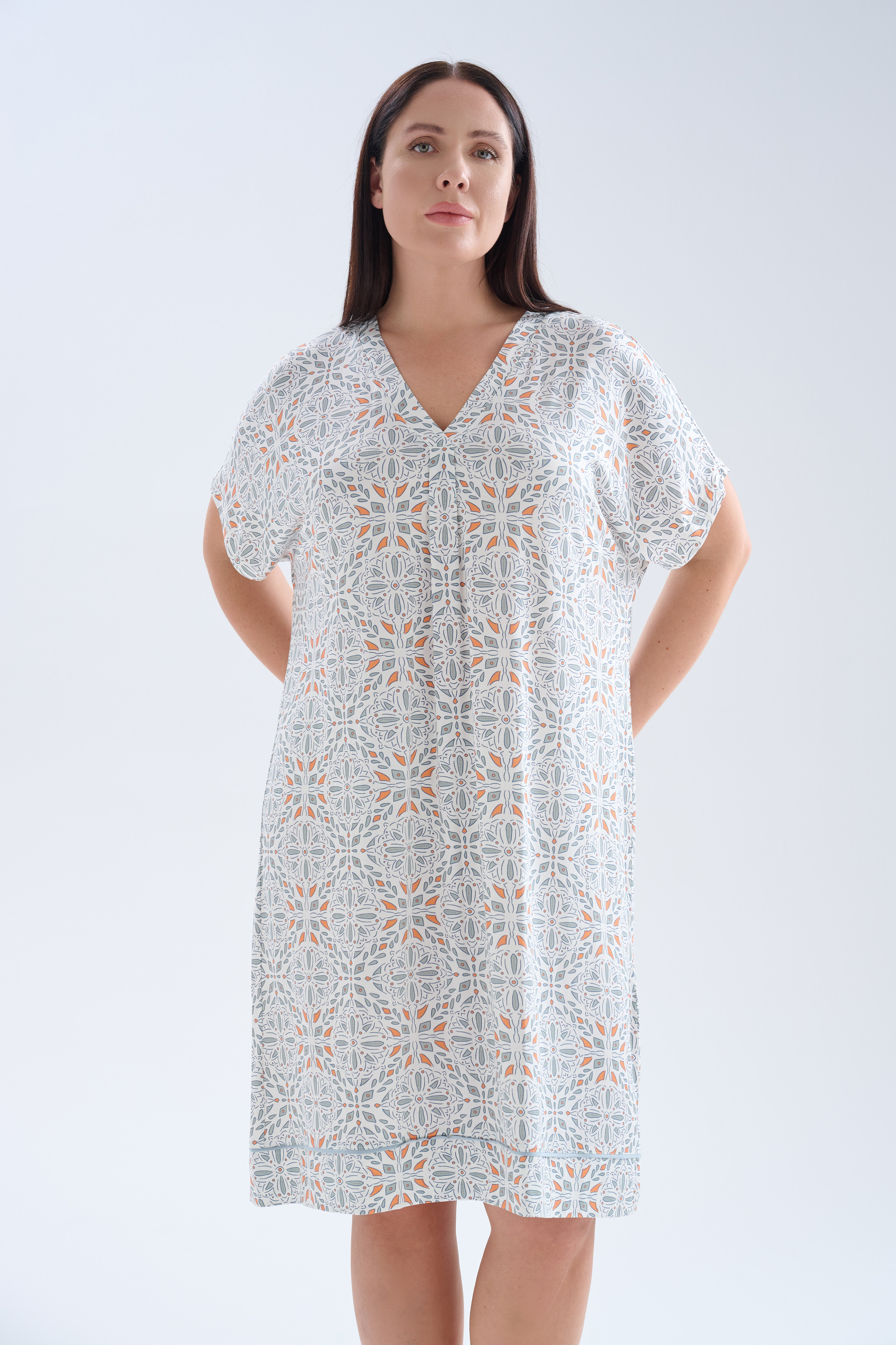 Kadın Plus Size Viskoz Kısa Kollu V Yaka Gecelik