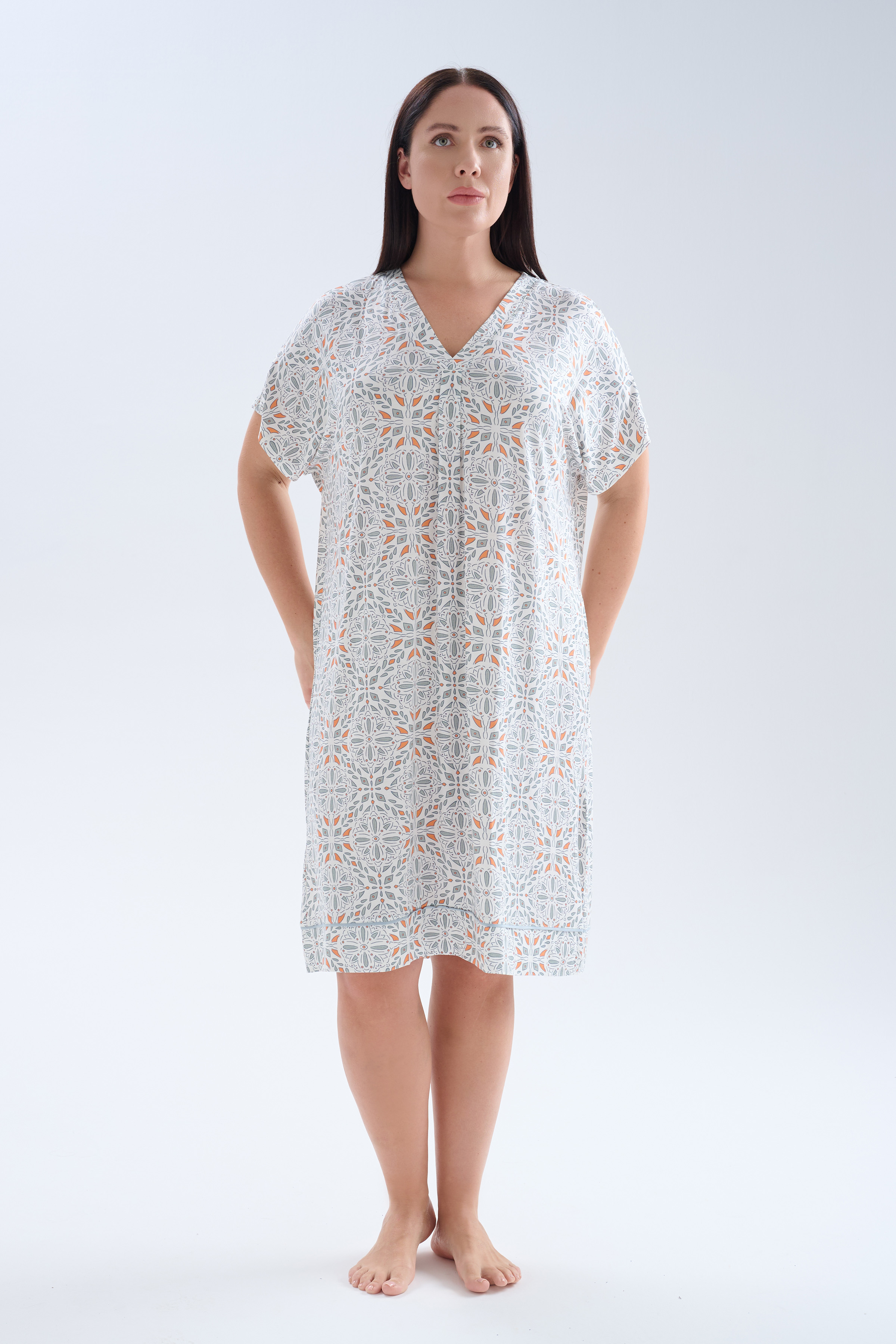 Kadın Plus Size Viskoz Kısa Kollu V Yaka Gecelik