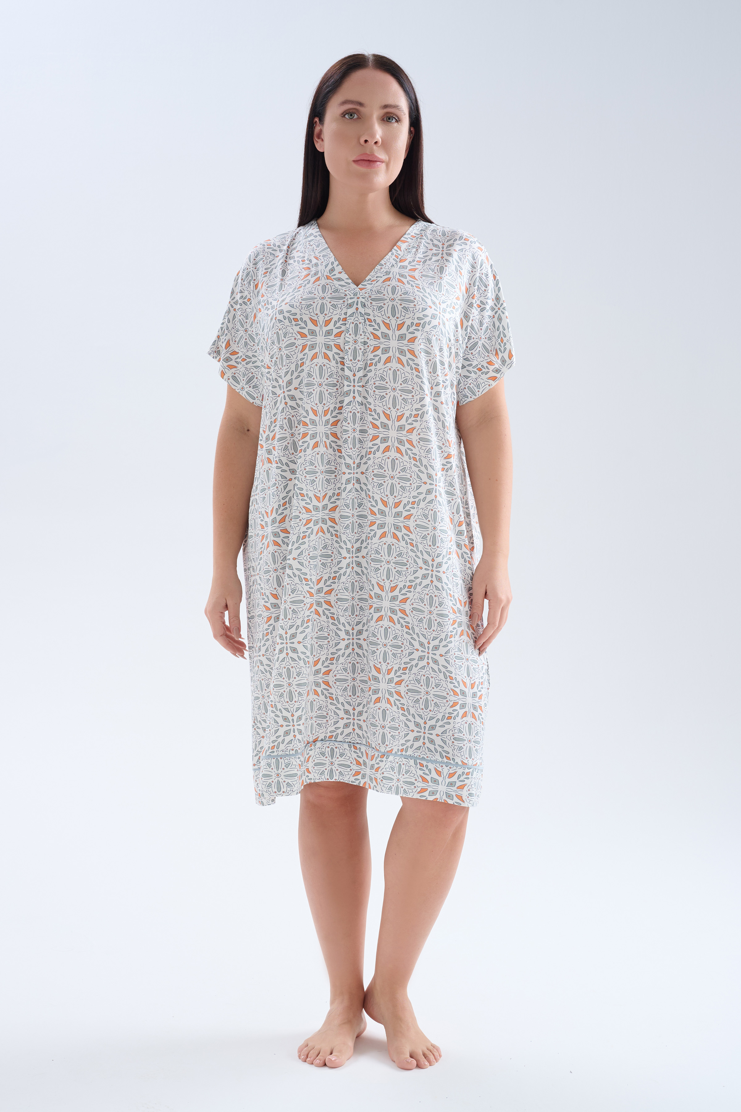 Kadın Plus Size Viskoz Kısa Kollu V Yaka Gecelik