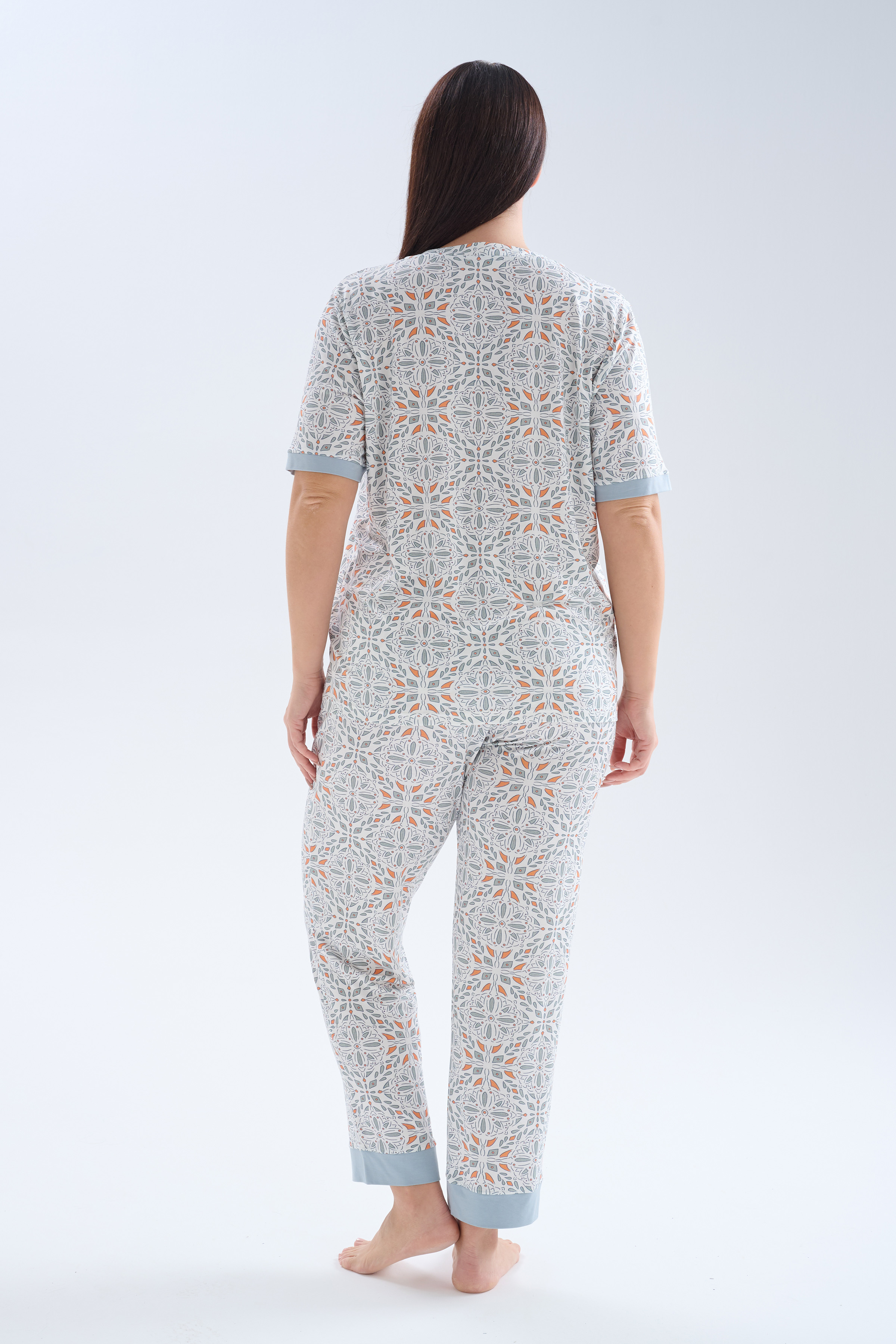 Kadın Plus Size Viskoz Kısa Kollu V Yaka Uzun Pijama Takımı