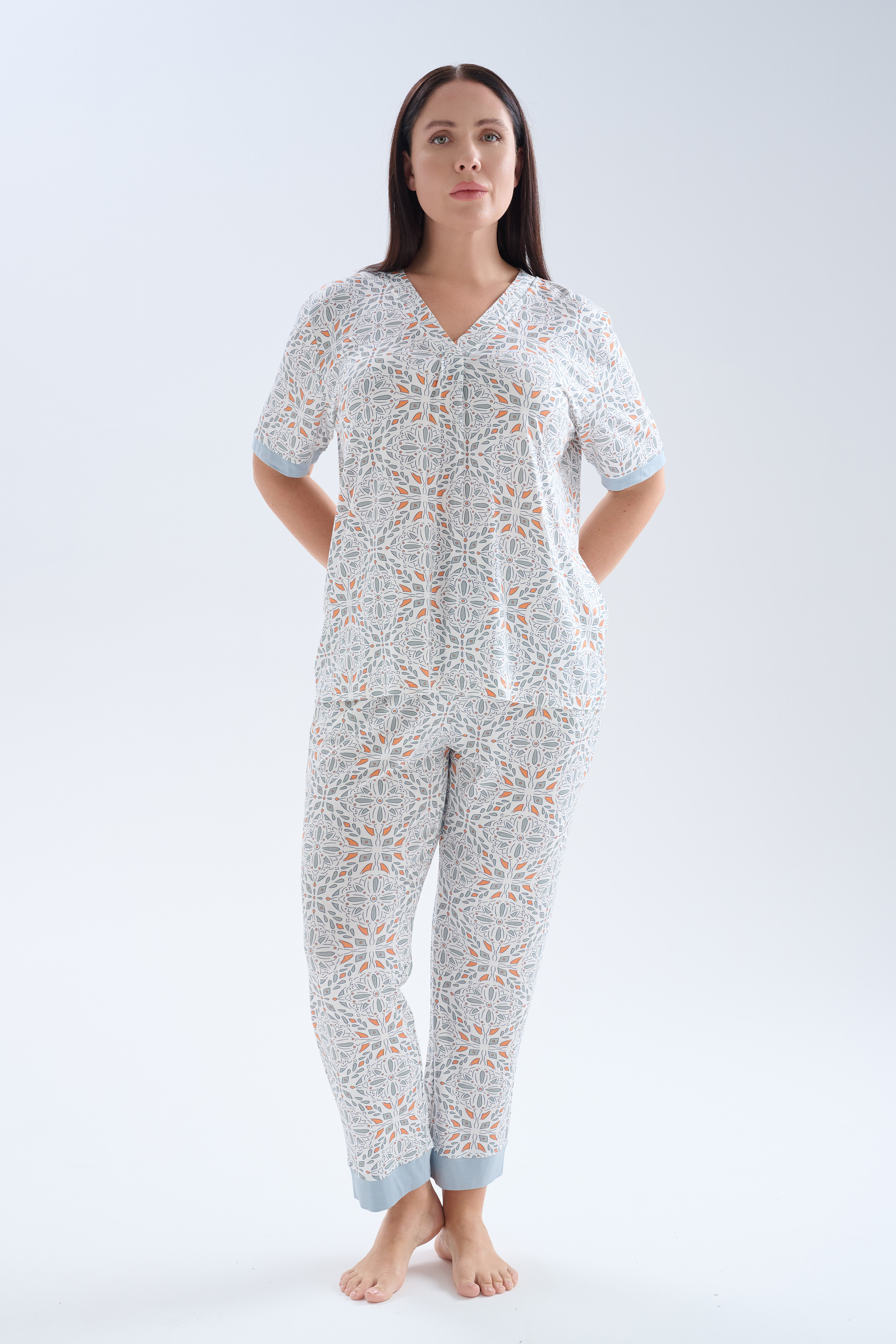 Kadın Plus Size Viskoz Kısa Kollu V Yaka Uzun Pijama Takımı