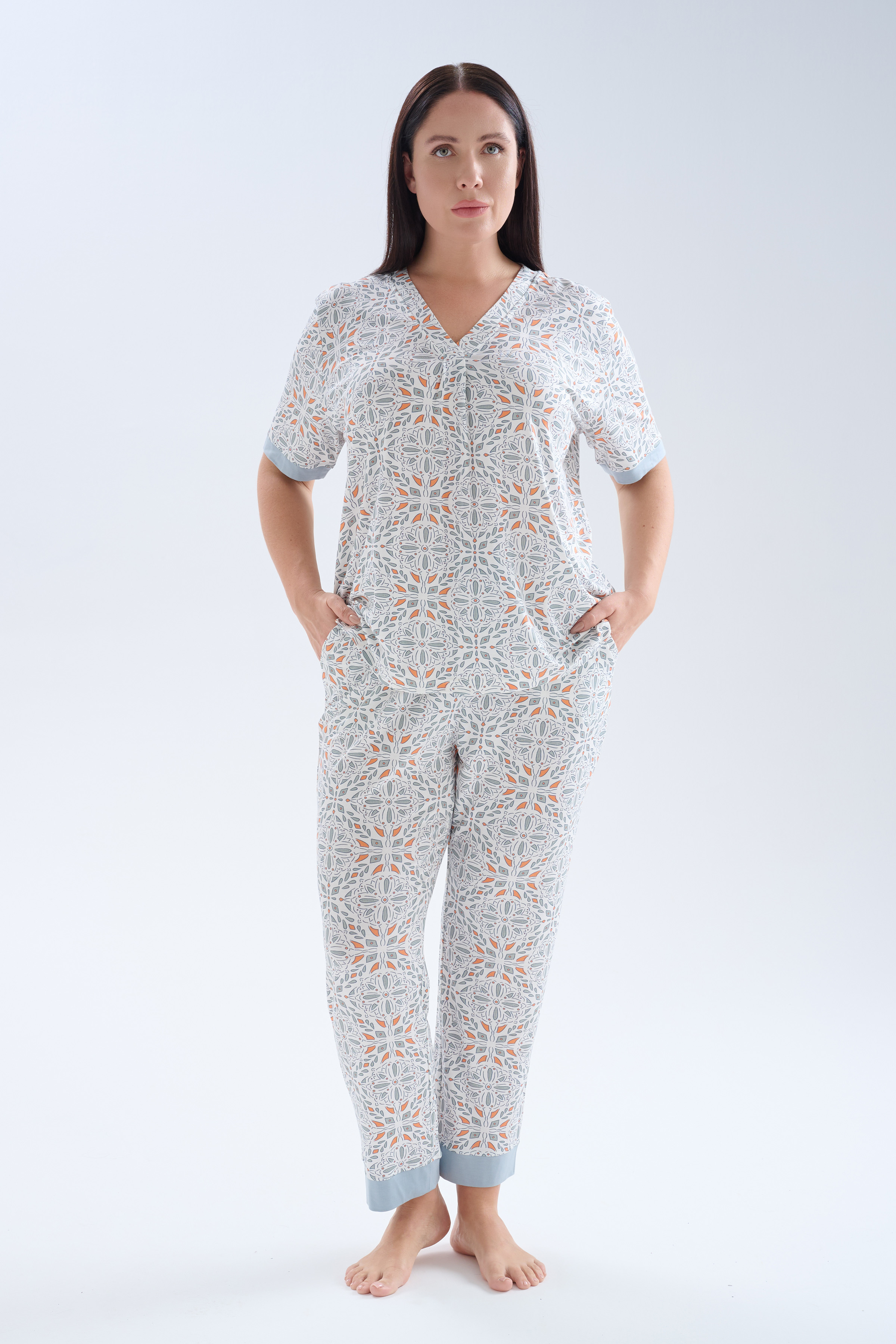 Kadın Plus Size Viskoz Kısa Kollu V Yaka Uzun Pijama Takımı