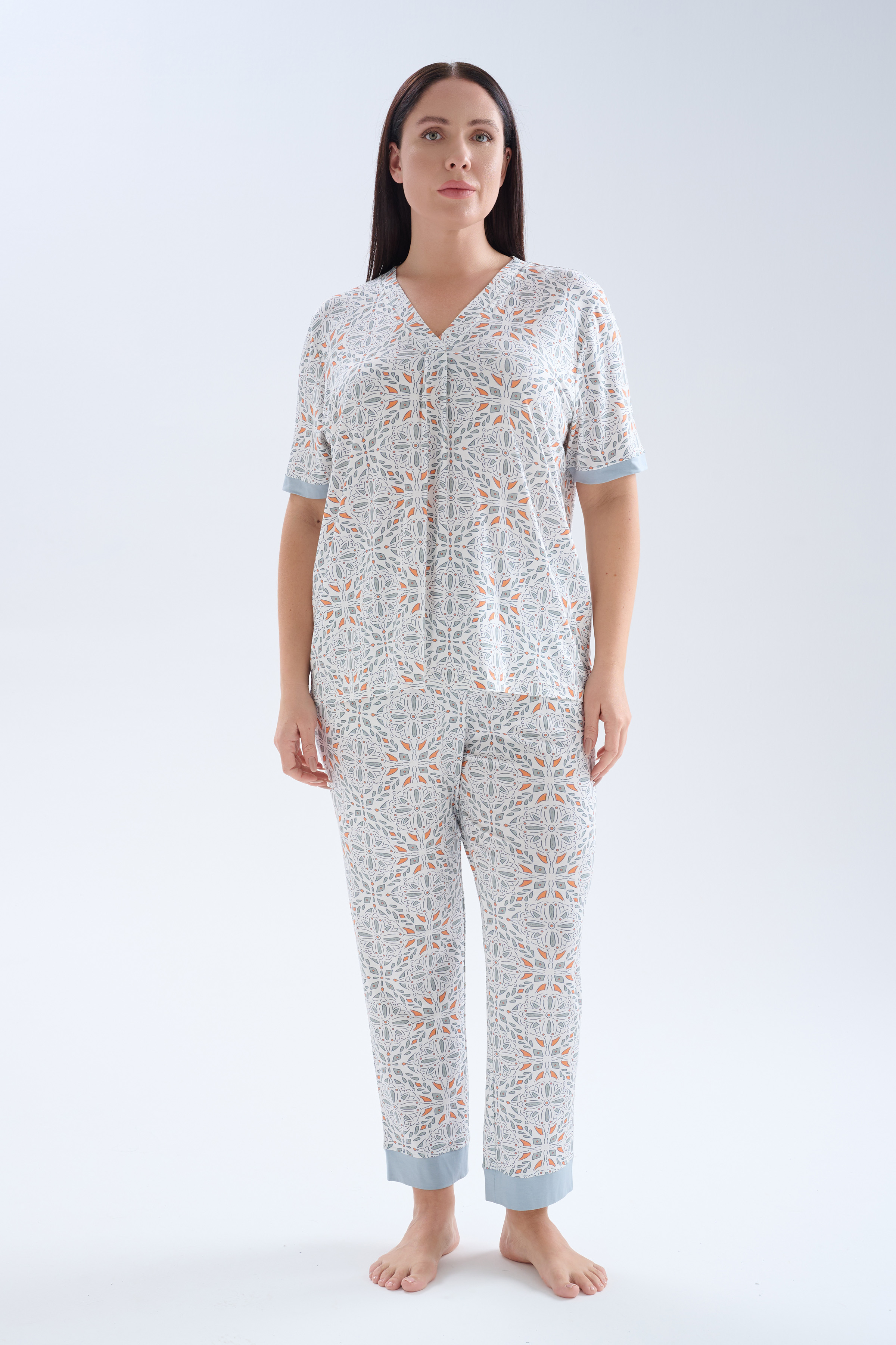 Kadın Plus Size Viskoz Kısa Kollu V Yaka Uzun Pijama Takımı