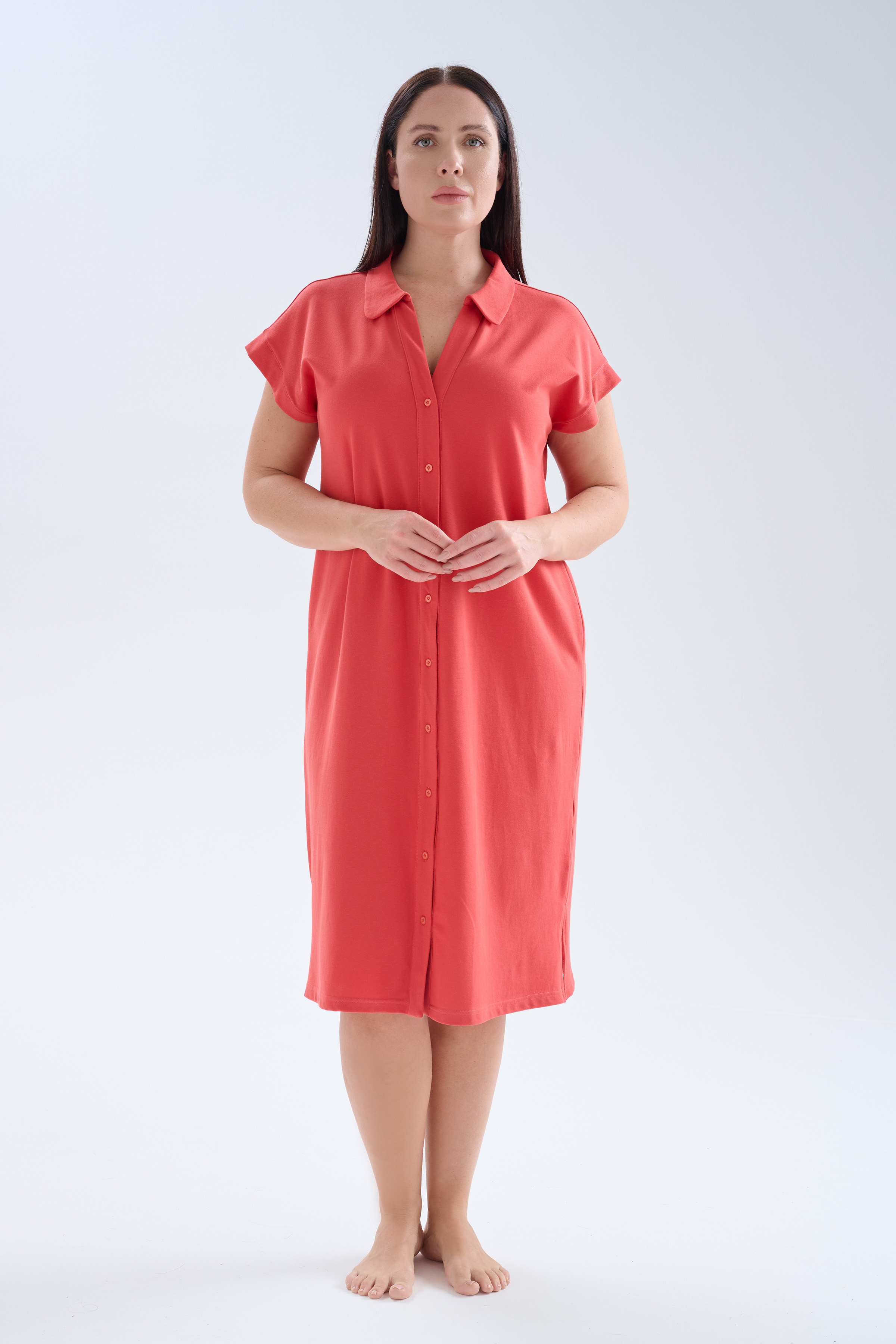 Kadın Büyük Beden Pamuklu Pique Gömlek Yaka Elbise