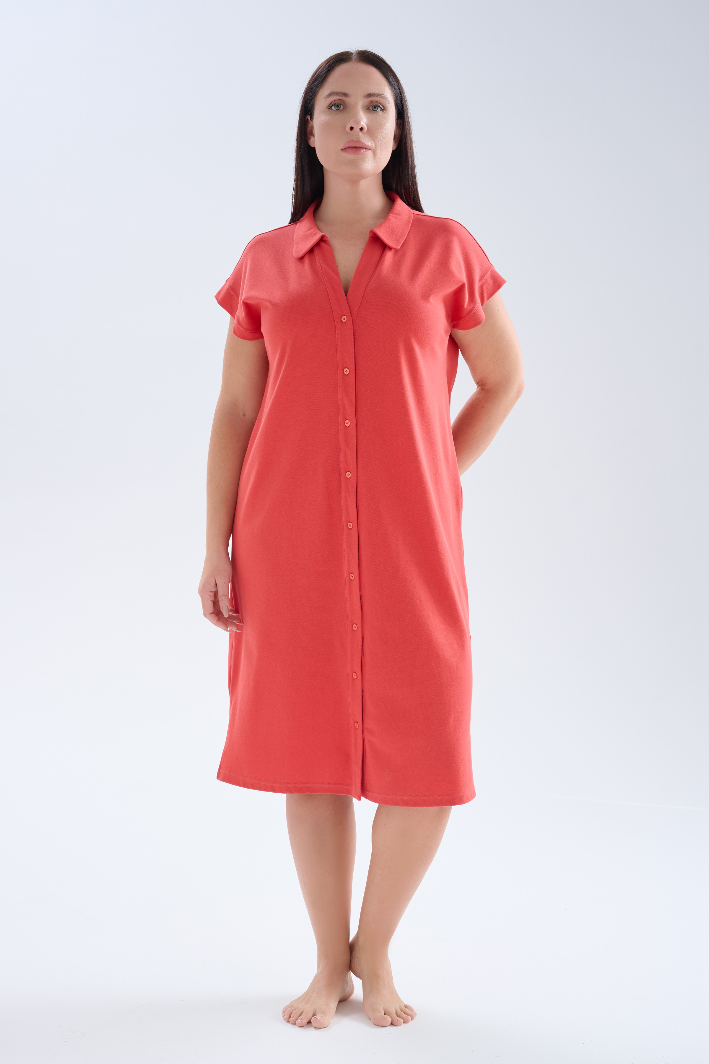 Kadın Büyük Beden Pamuklu Pique Gömlek Yaka Elbise