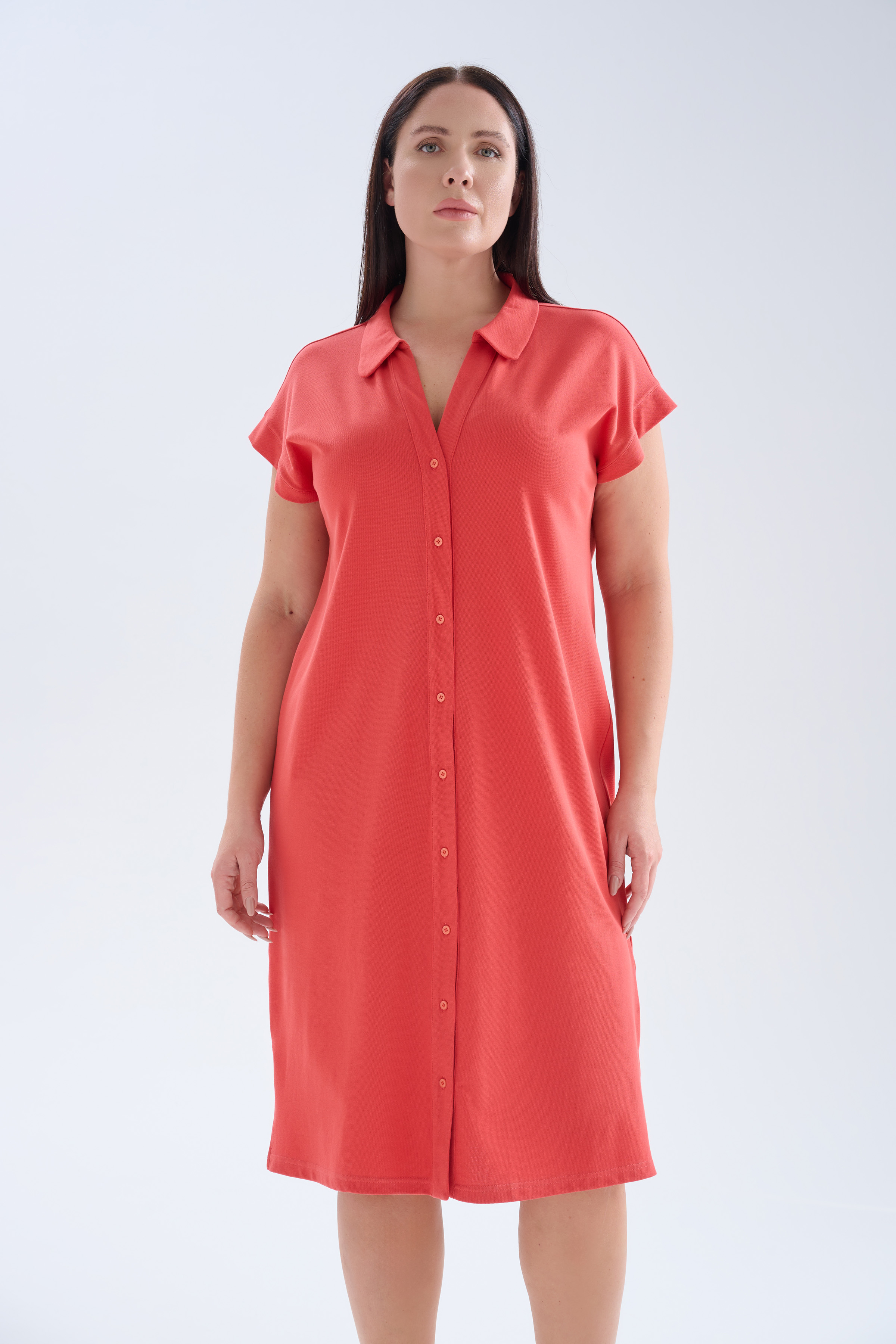 Kadın Büyük Beden Pamuklu Pique Gömlek Yaka Elbise