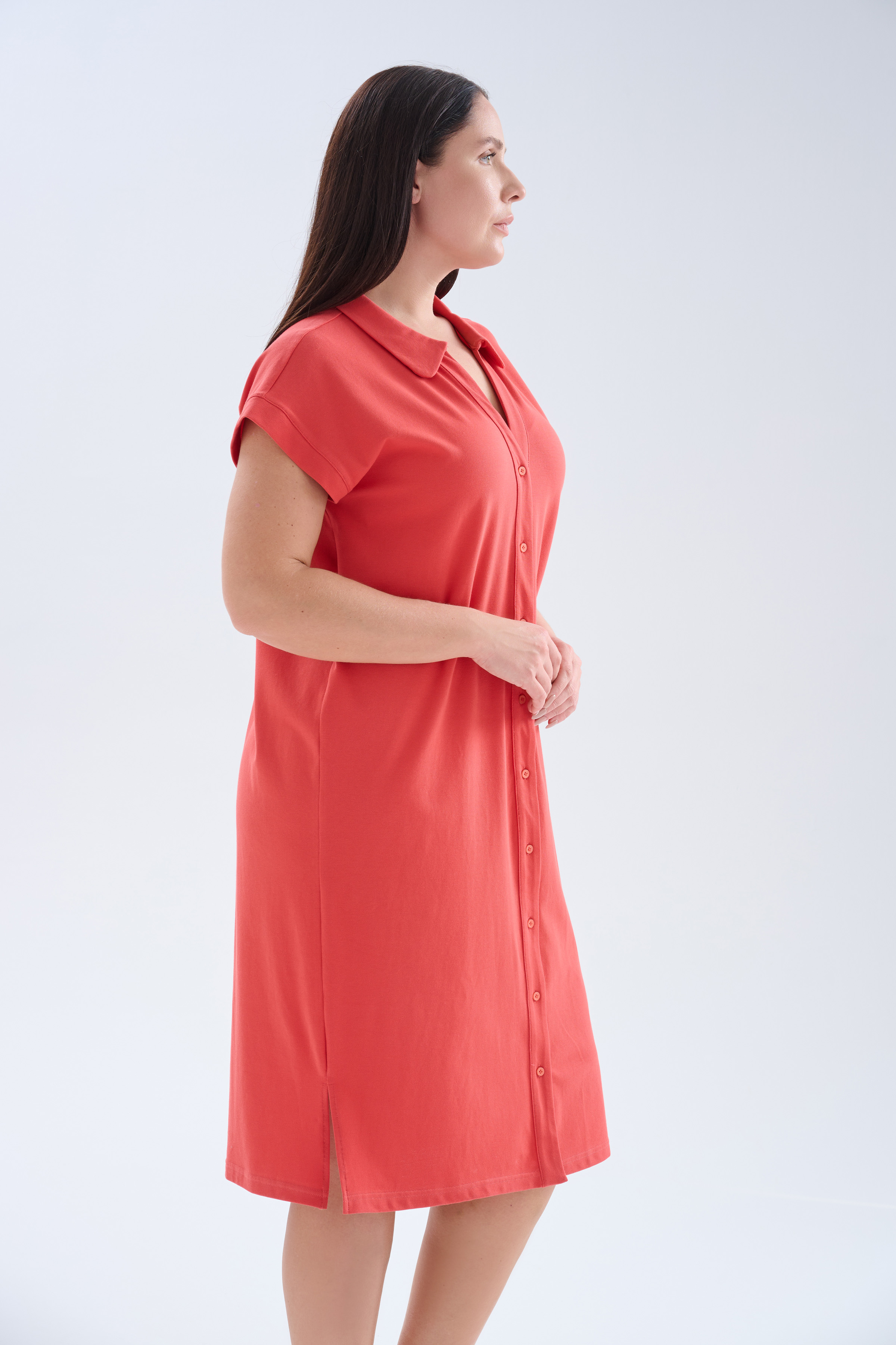 Kadın Büyük Beden Pamuklu Pique Gömlek Yaka Elbise