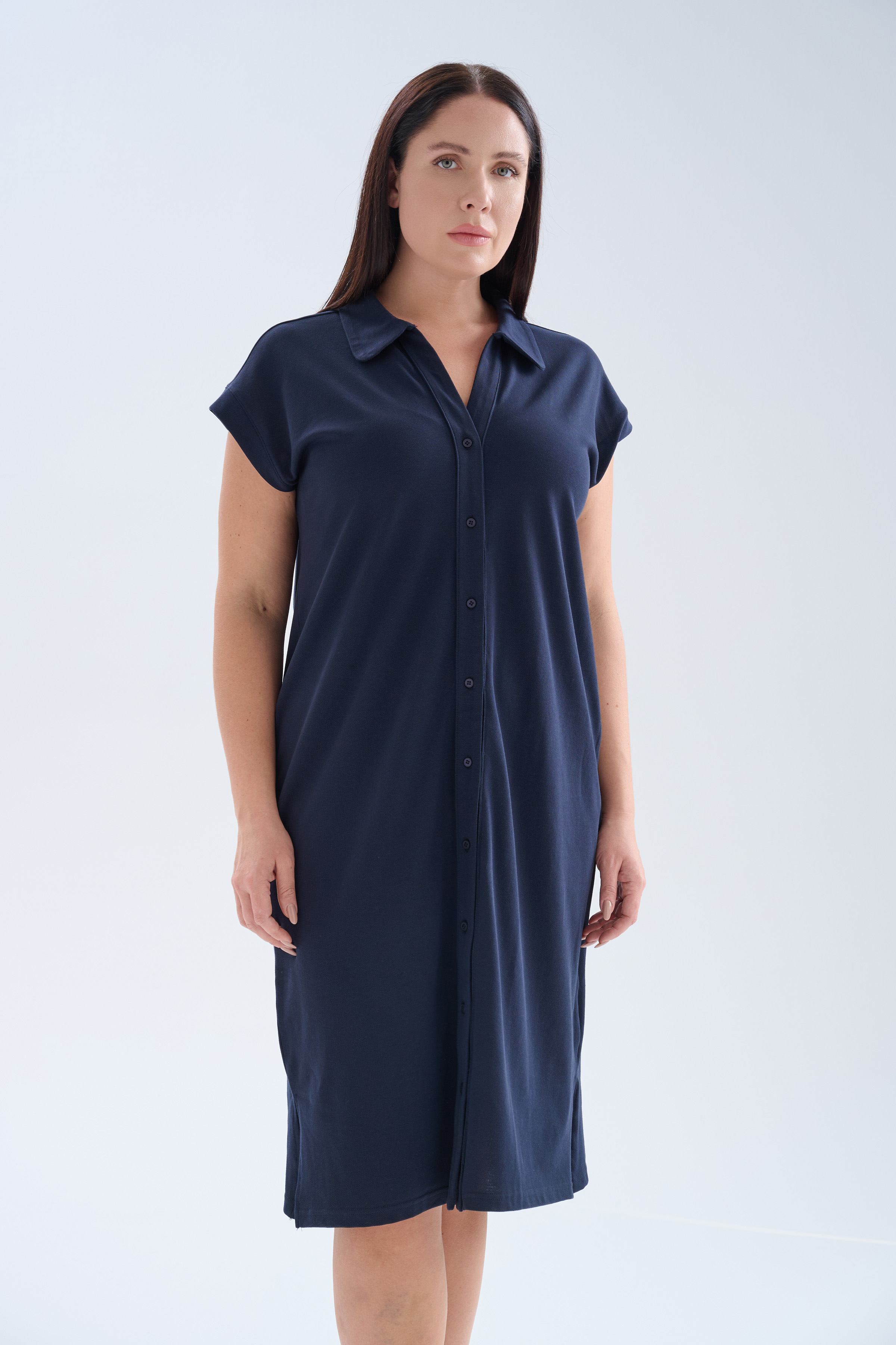 Kadın Büyük Beden Pamuklu Pique Gömlek Yaka Elbise