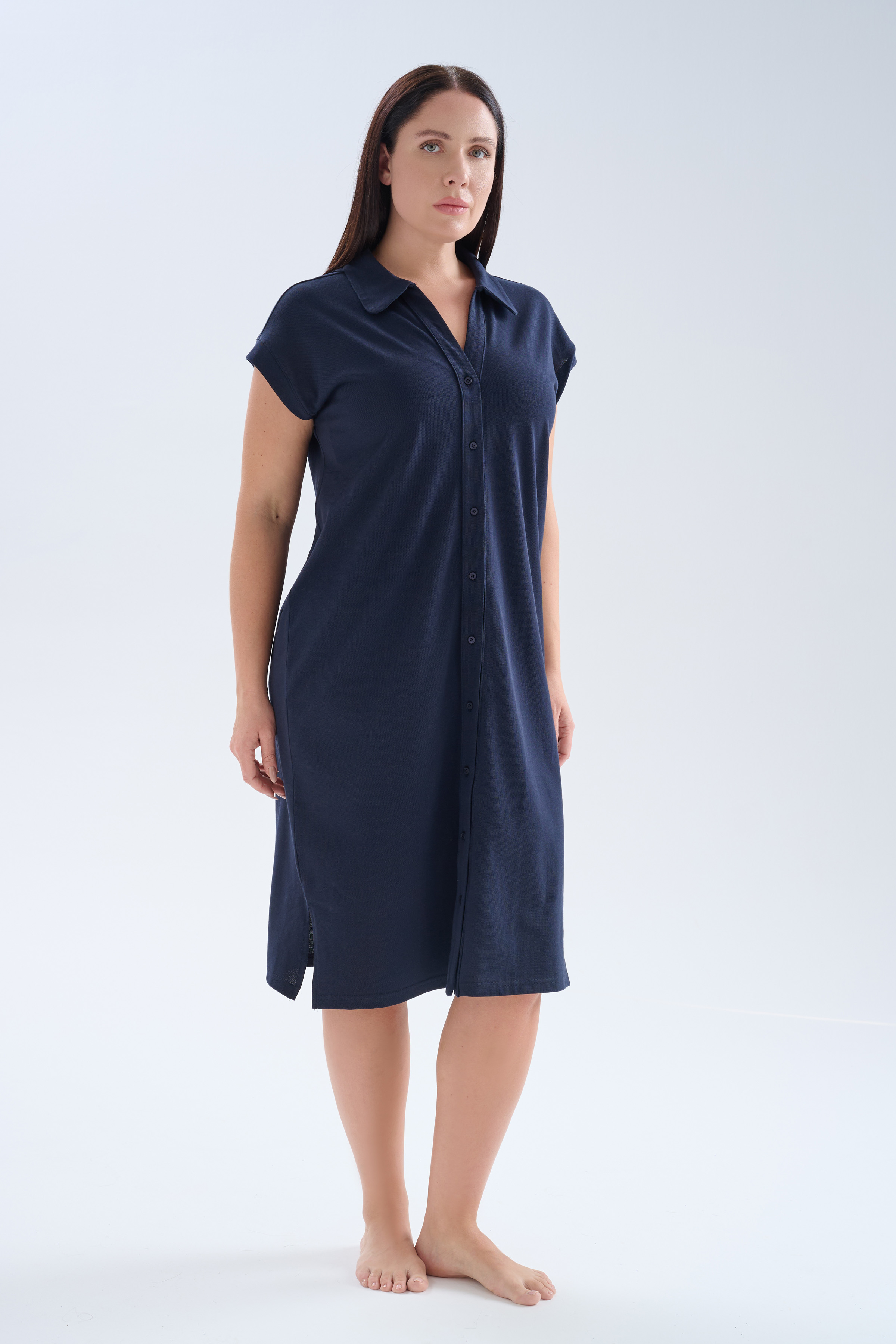 Kadın Büyük Beden Pamuklu Pique Gömlek Yaka Elbise