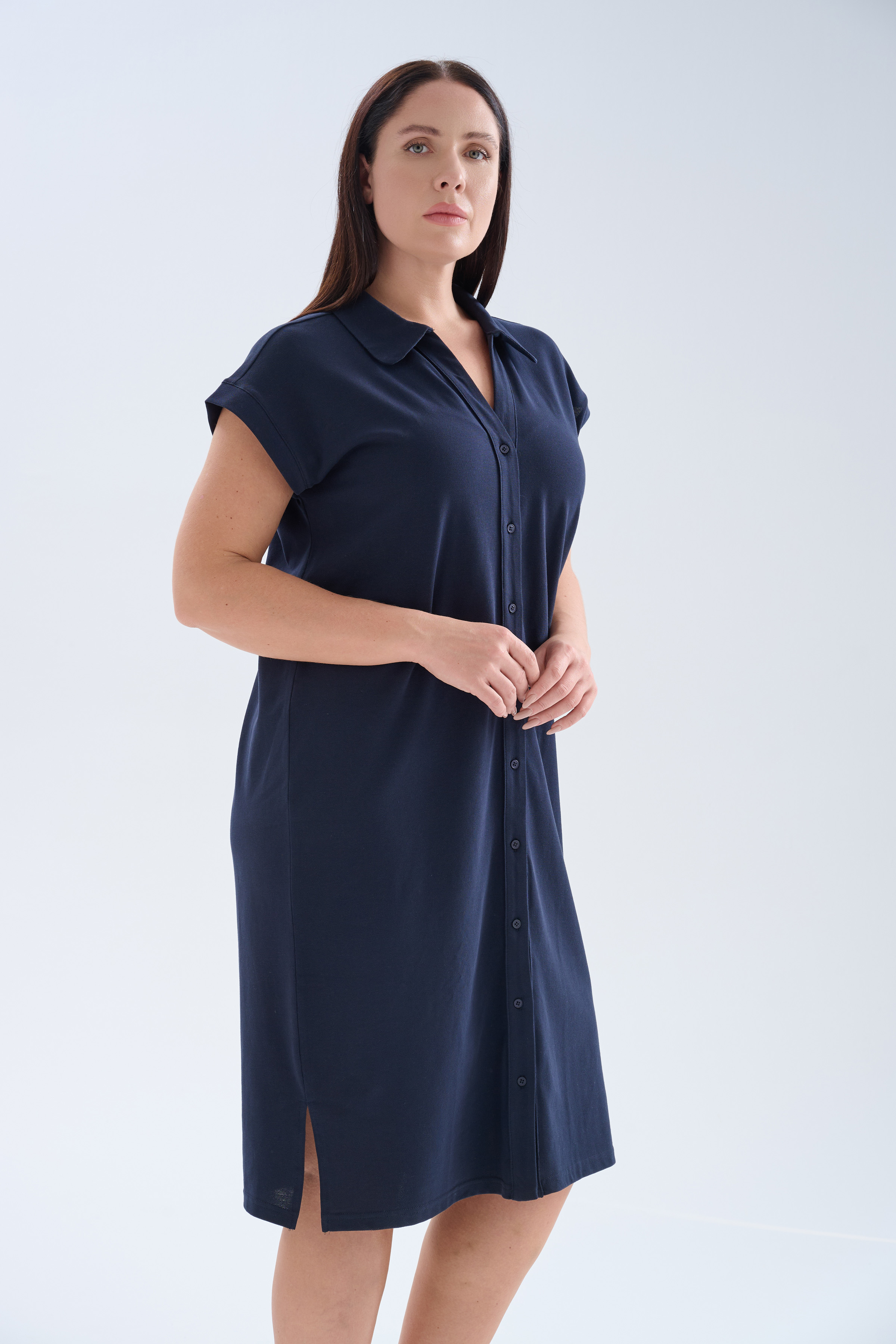 Kadın Büyük Beden Pamuklu Pique Gömlek Yaka Elbise