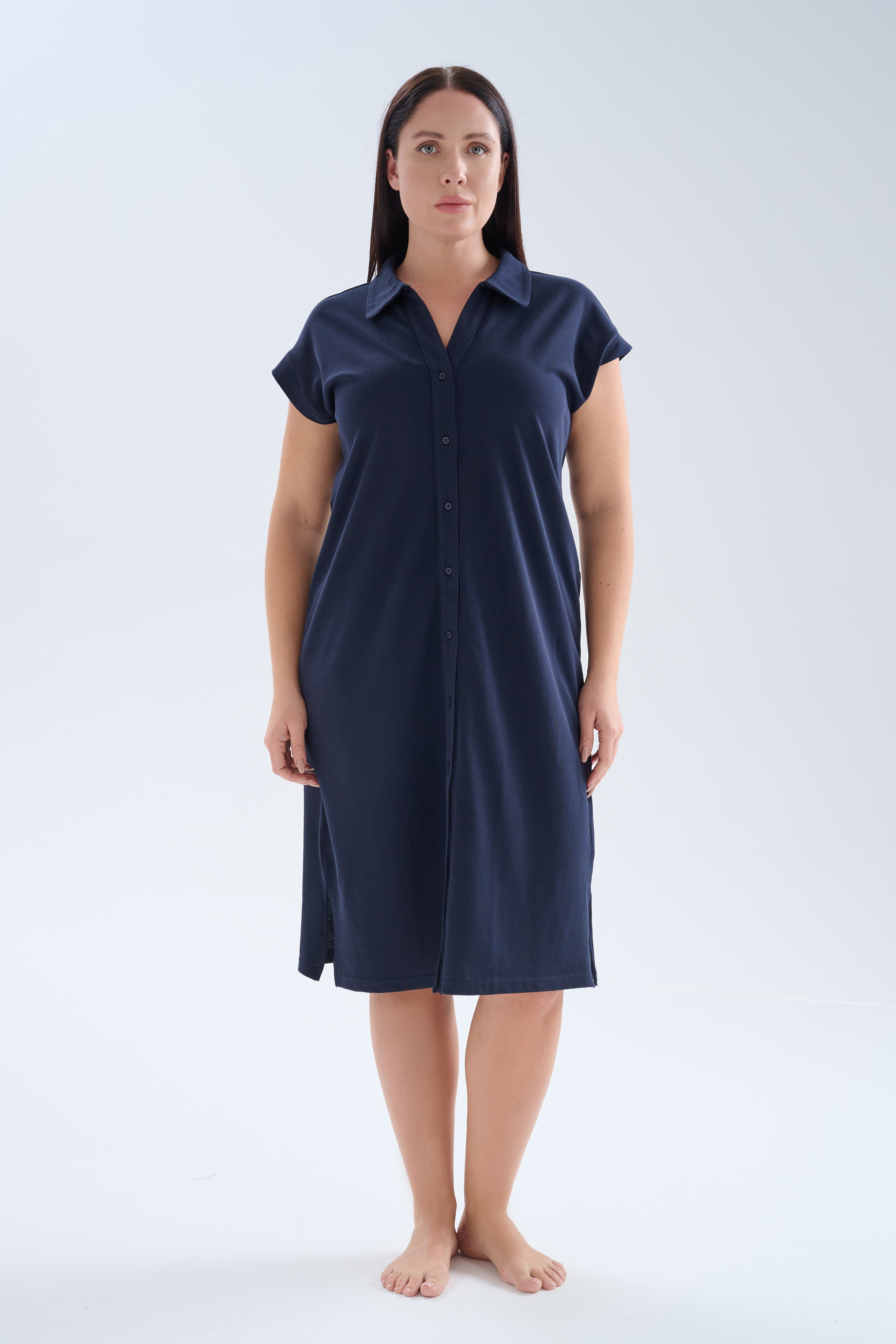 Kadın Büyük Beden Pamuklu Pique Gömlek Yaka Elbise