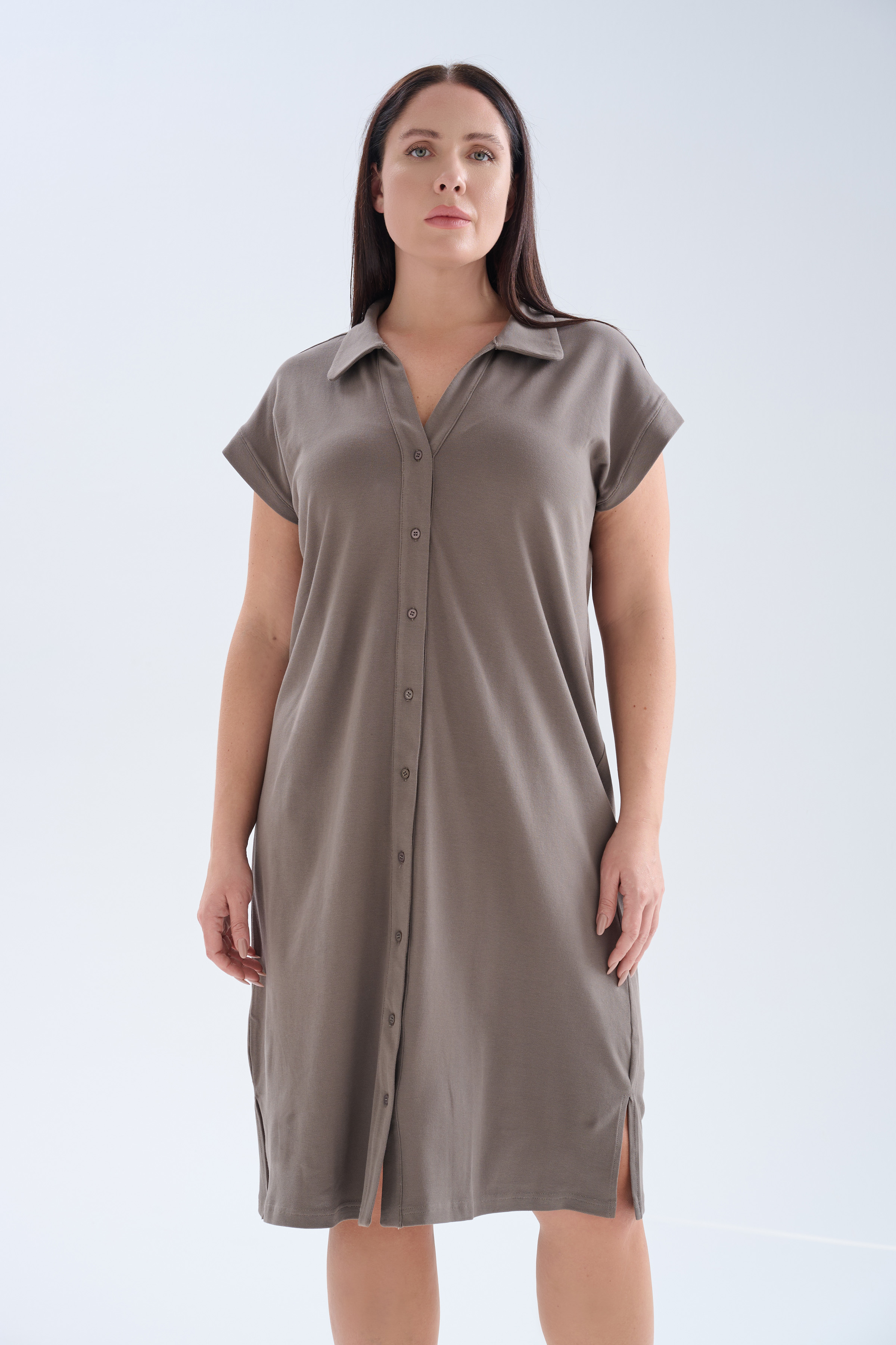Kadın Büyük Beden Pamuklu Pique Gömlek Yaka Elbise