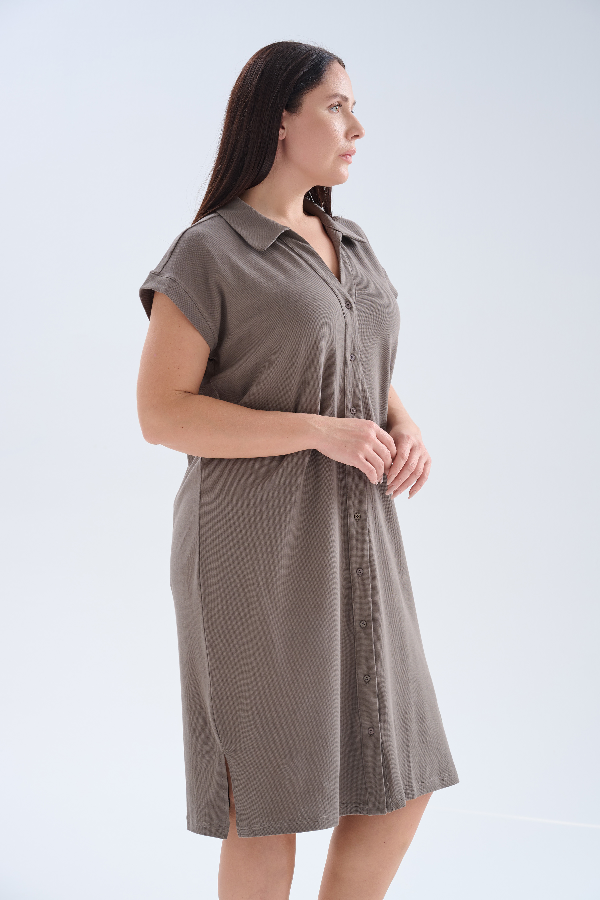 Kadın Büyük Beden Pamuklu Pique Gömlek Yaka Elbise