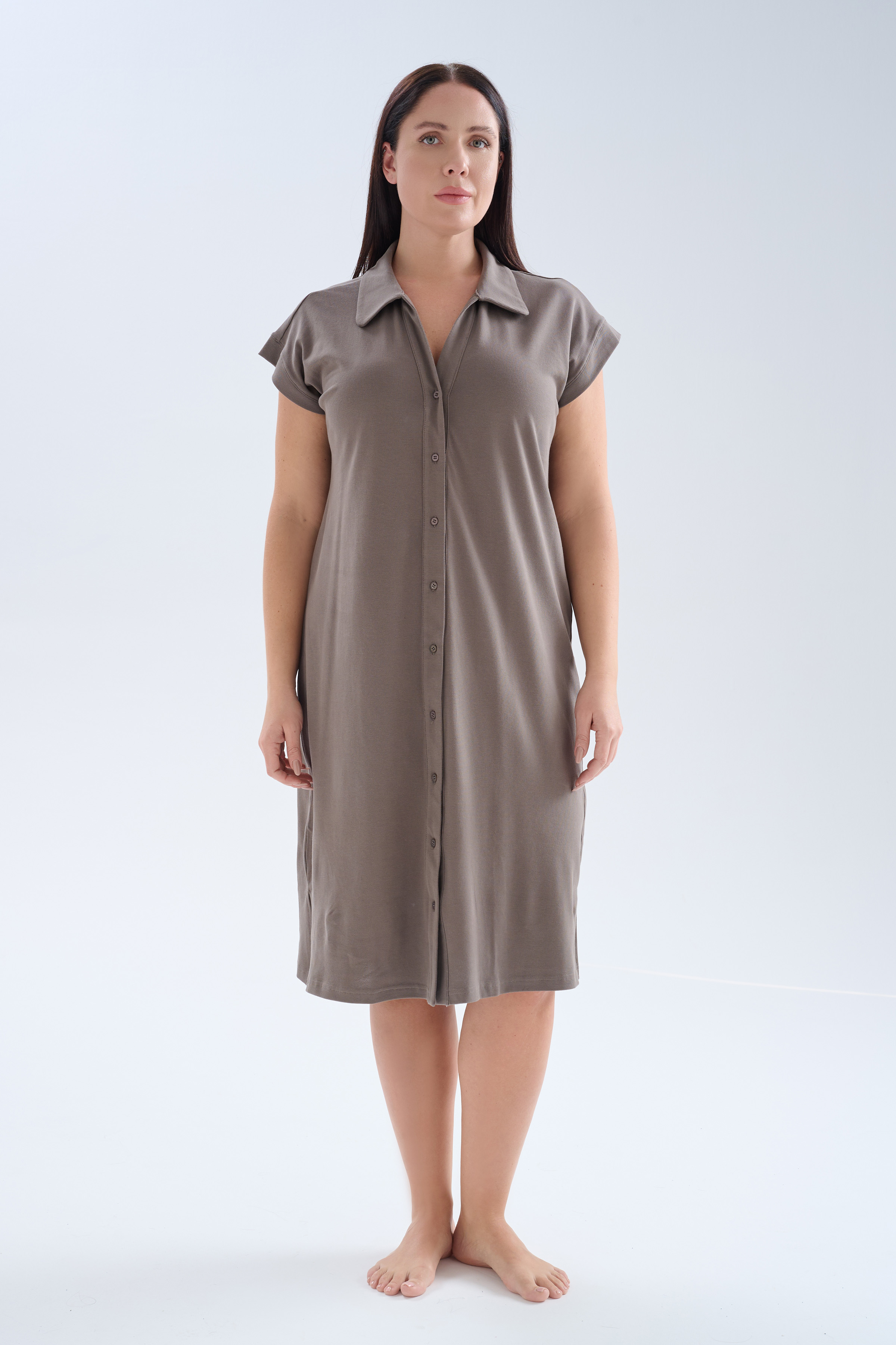 Kadın Büyük Beden Pamuklu Pique Gömlek Yaka Elbise