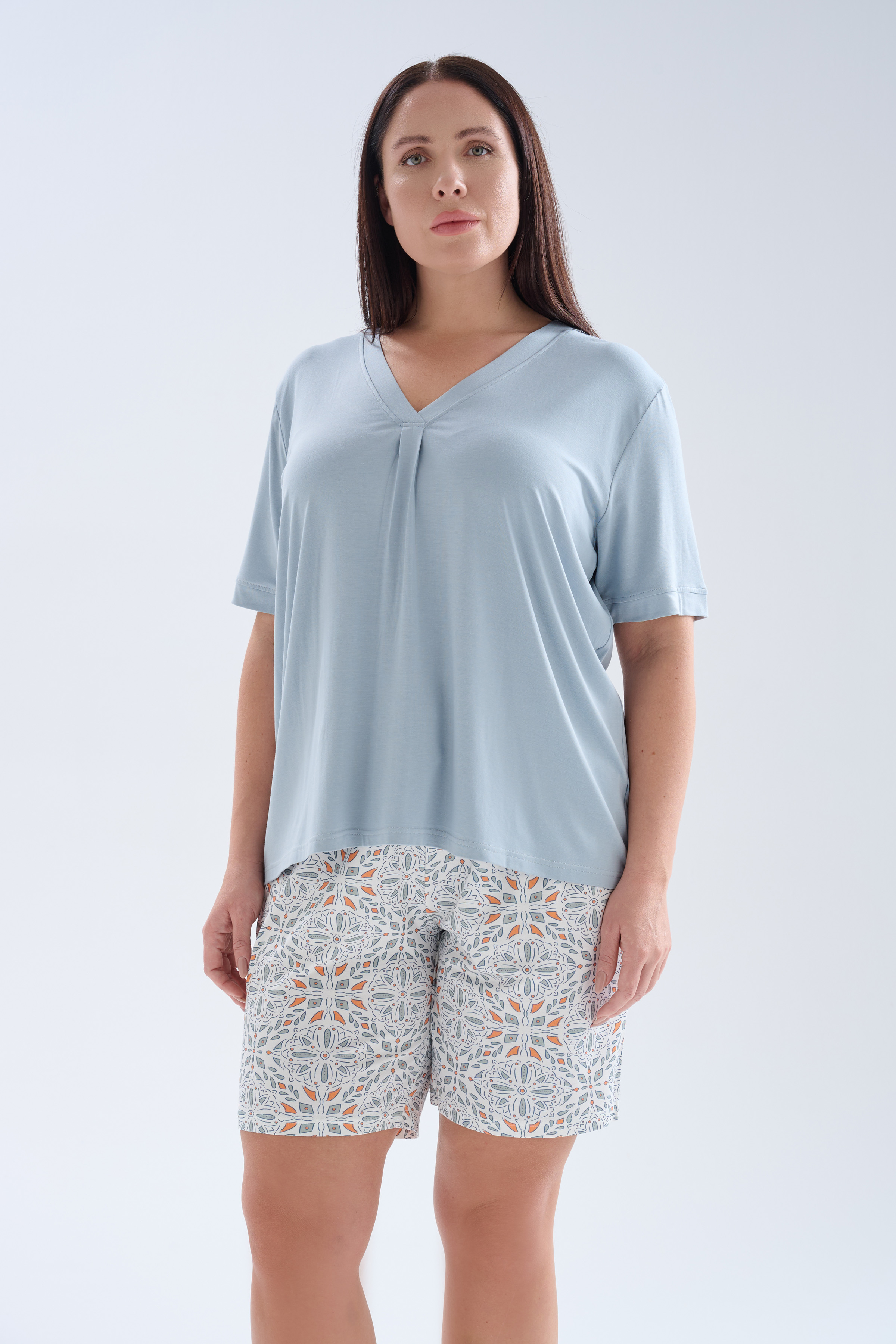 Kadın Plus Size Viskoz Kısa Kollu V Yaka Şortlu Pijama Takımı	