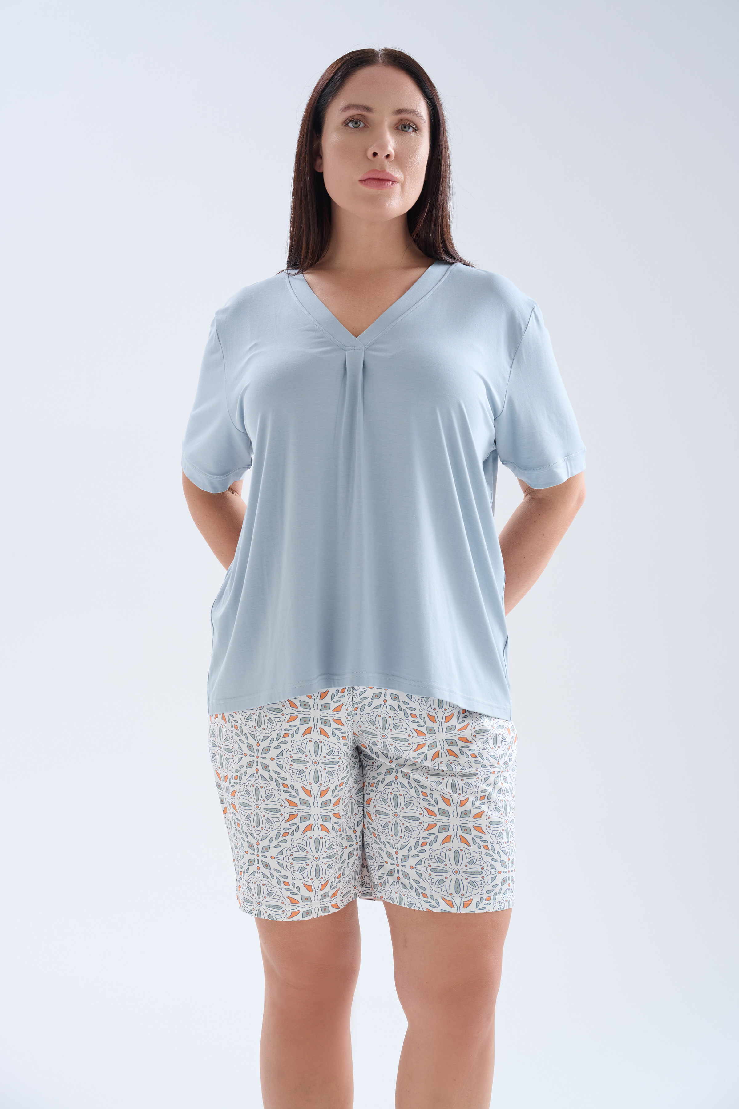 Kadın Plus Size Viskoz Kısa Kollu V Yaka Şortlu Pijama Takımı	