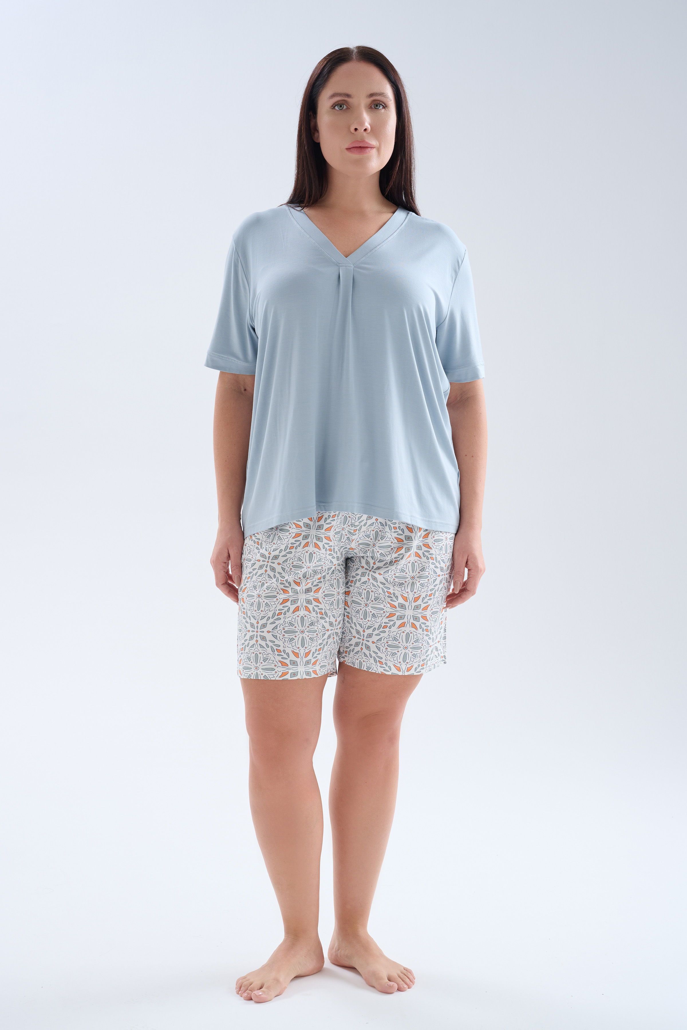 Kadın Plus Size Viskoz Kısa Kollu V Yaka Şortlu Pijama Takımı	