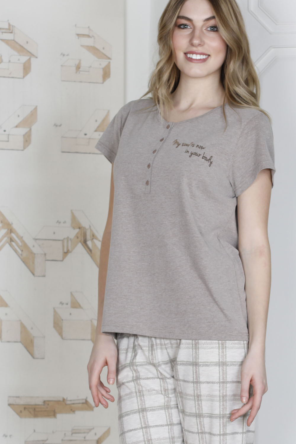 Hays Plus Size Kadın Ekose Desenli Penye Kapri Pijama Takımı