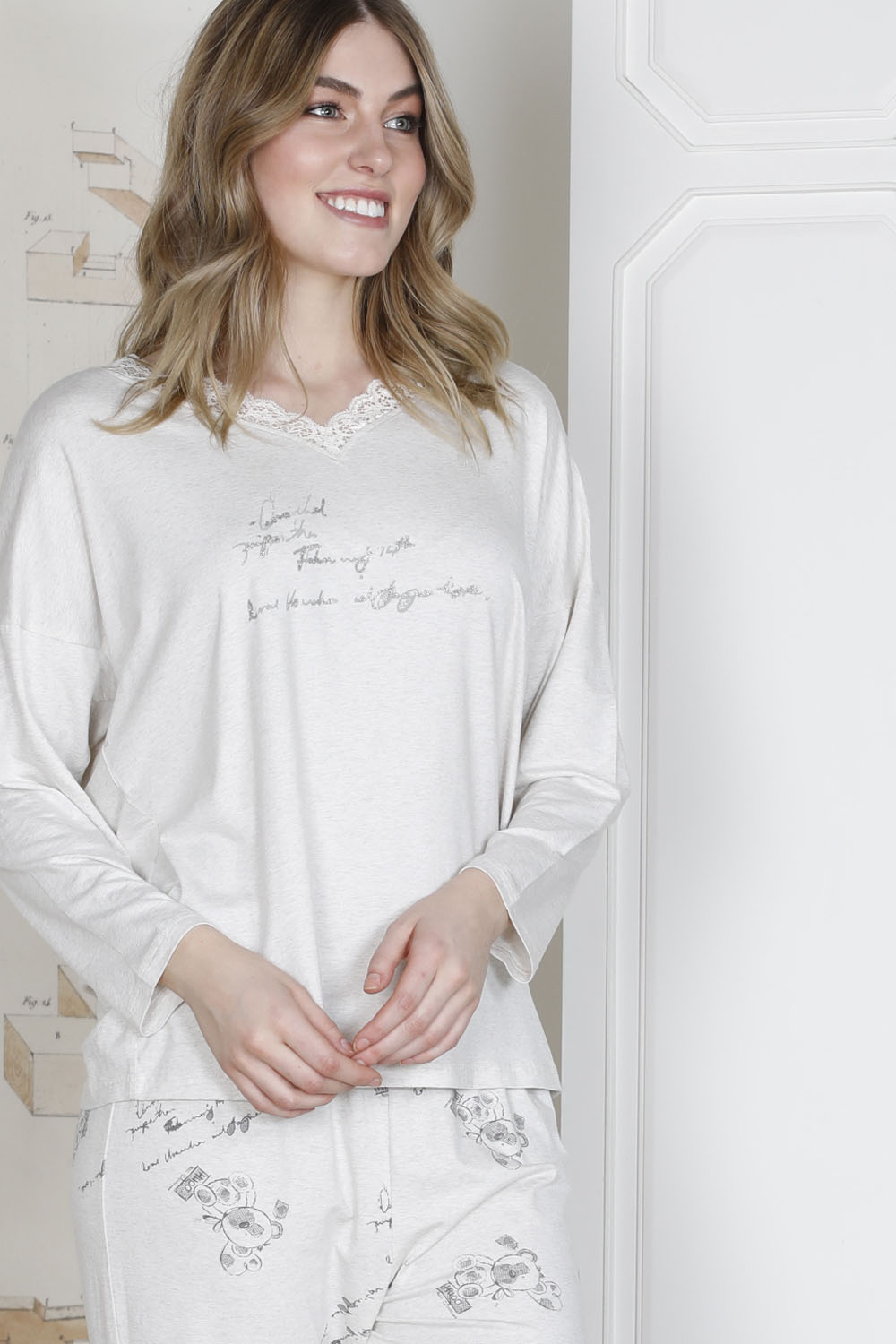 Plus Size Kadın Yakası Dantel Detaylı Modal Pijama Takımı