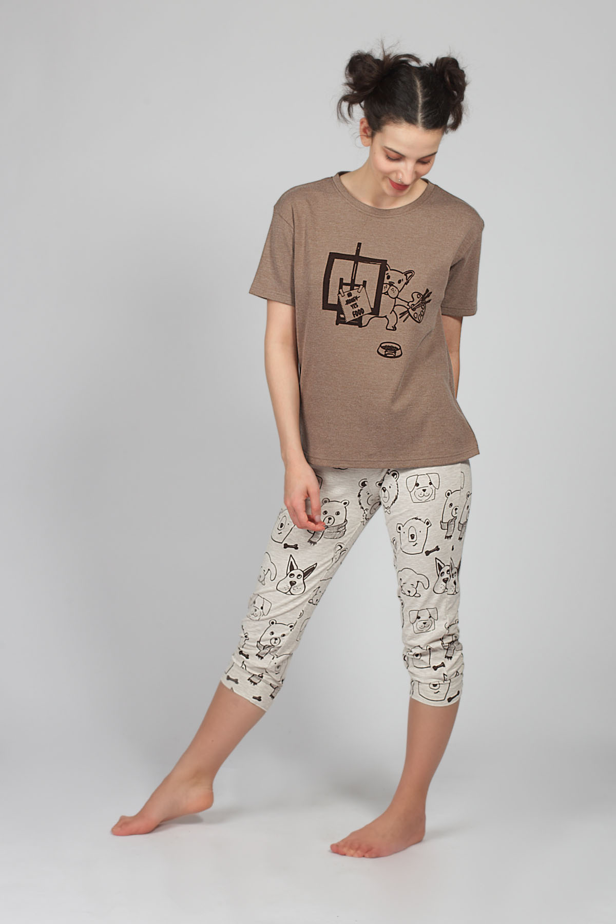 Kadın Kahve Desenli Pijama Üstü
