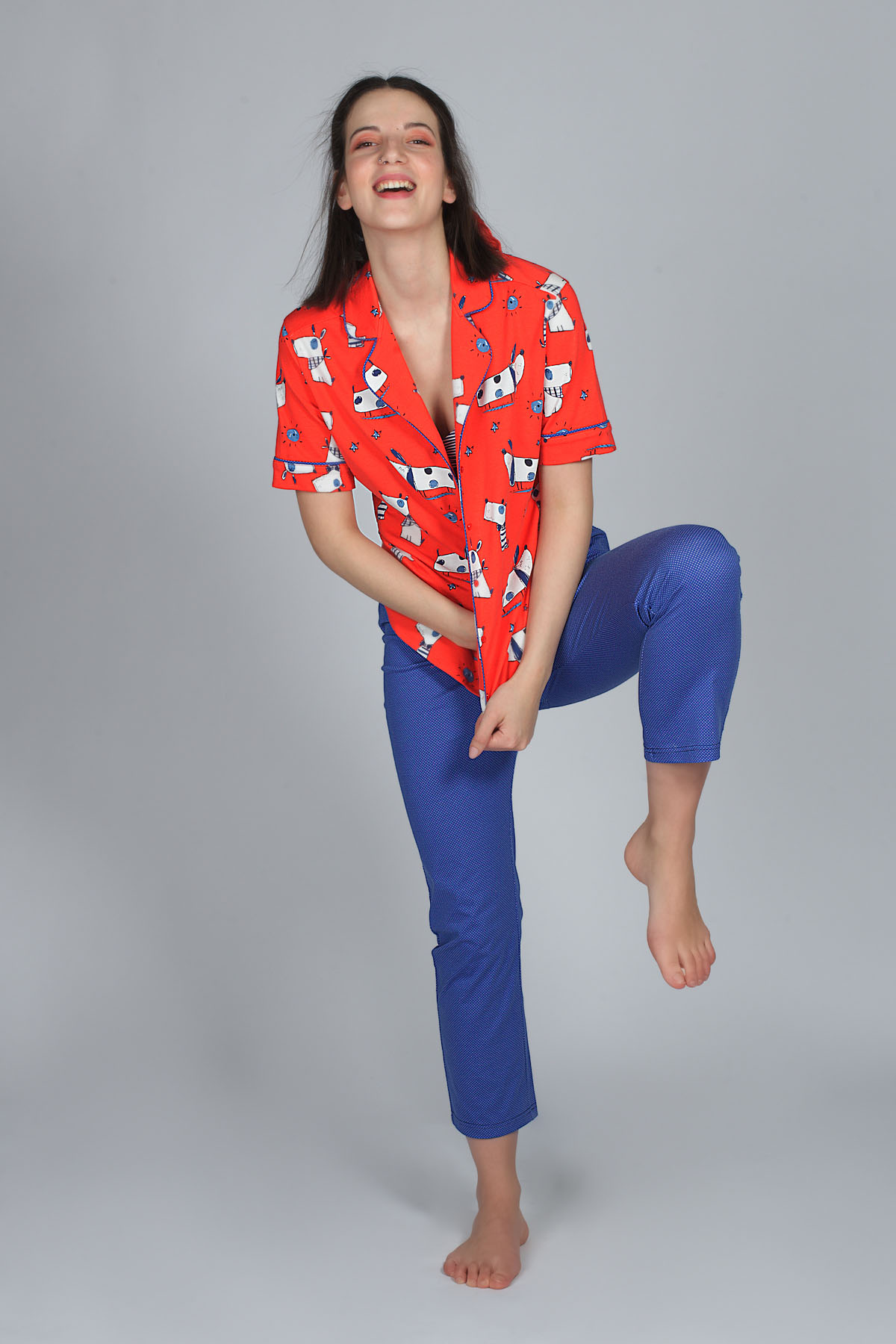 Kadın Köpek Baskılı Gömlek Model Pijama Takımı