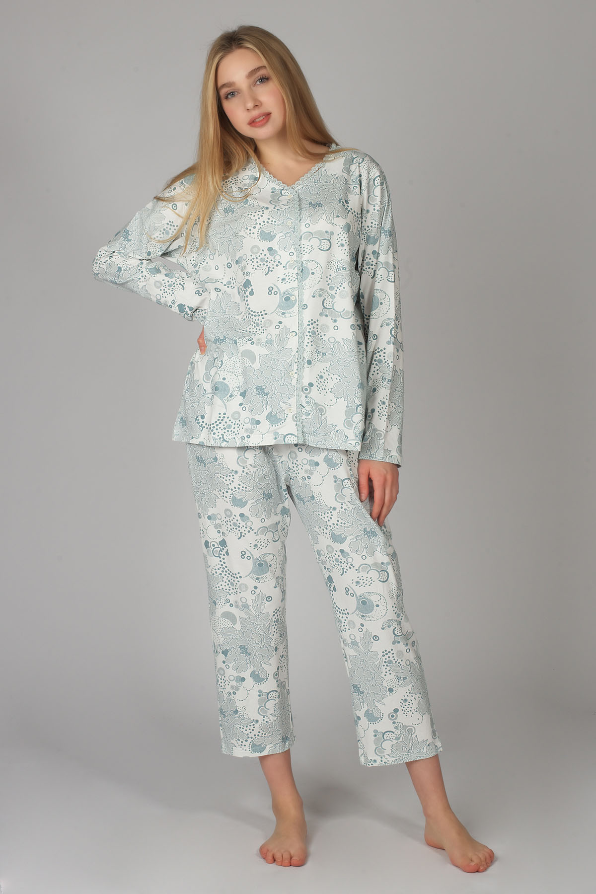 Kadın Büyük Beden Önden Düğmeli Pijama Takımı