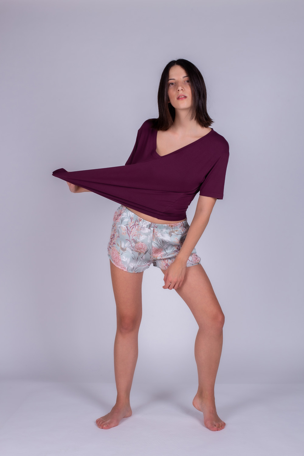 Kadın V Yaka Bordo T-Shirt