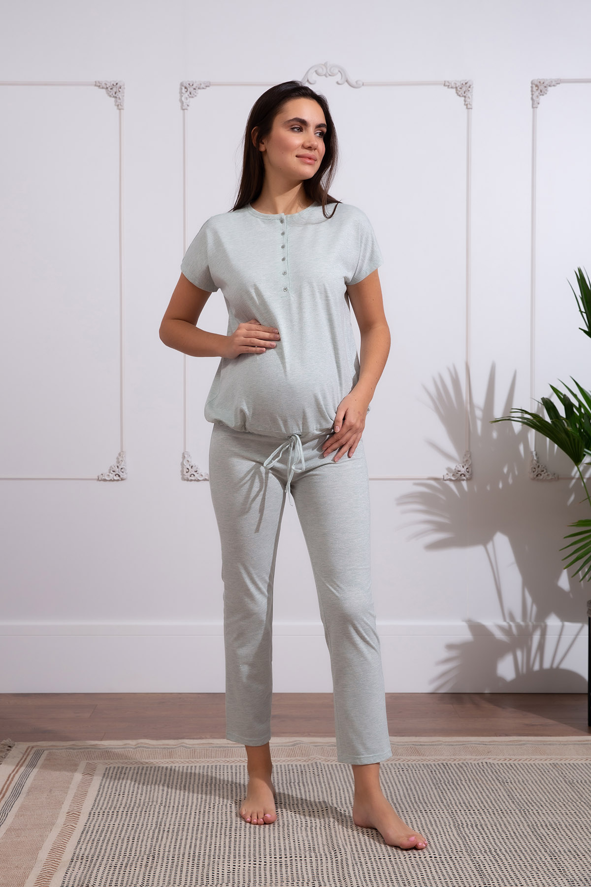 Kadın Anne Adayı Bağlama Detaylı Midi - Kapri Pijama Takımı