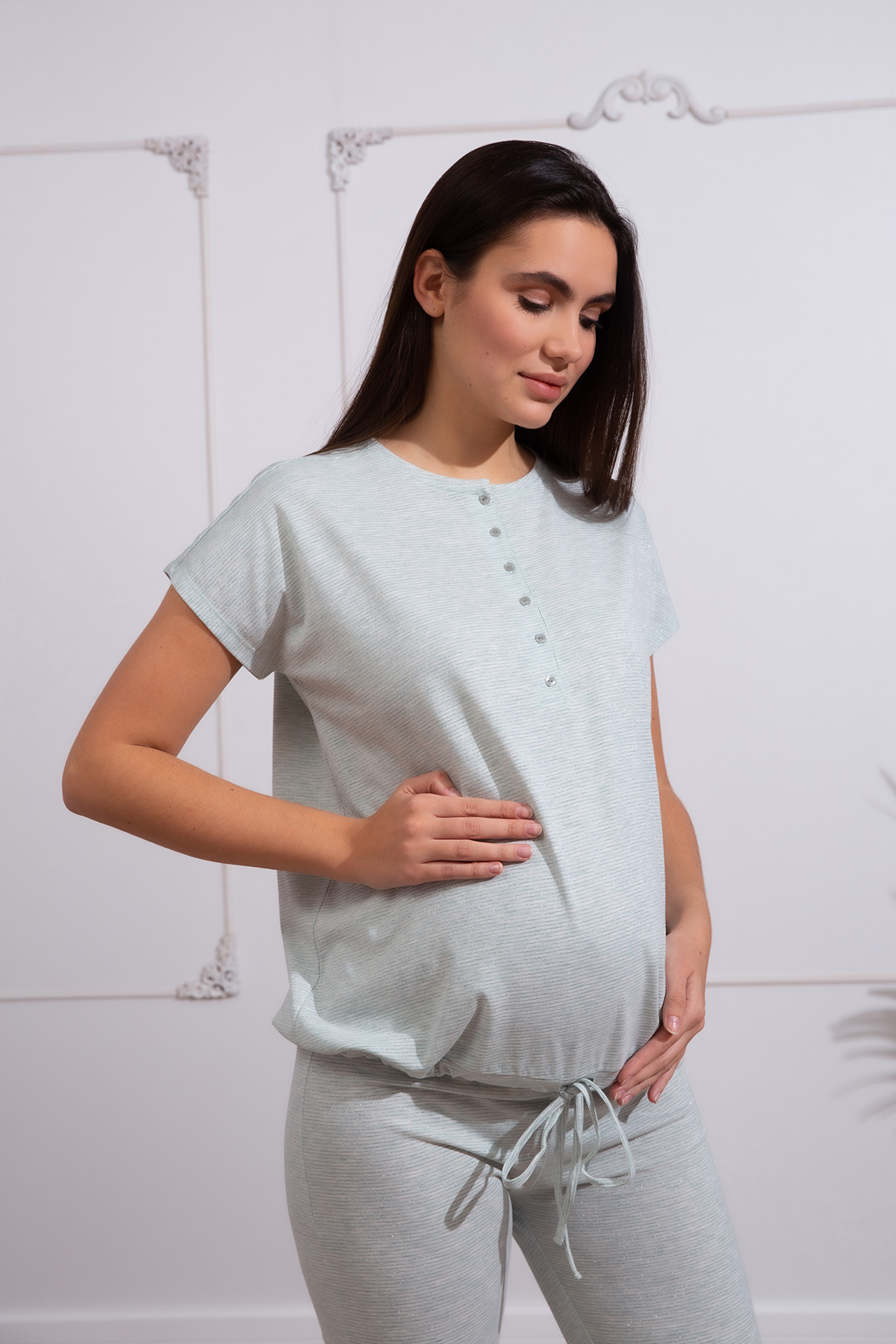 Kadın Anne Adayı Bağlama Detaylı Midi - Kapri Pijama Takımı