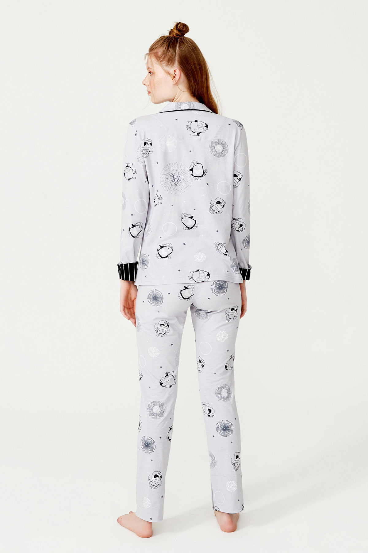 Kadın Penguen Baskılı Pamuklu Gömlek Pijama Takımı