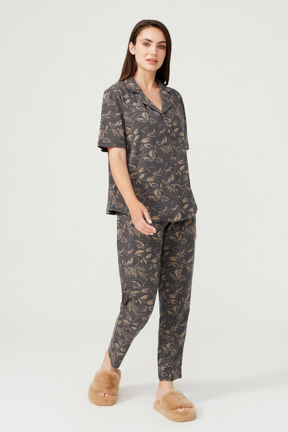 Kadın Büyük Beden Gömlek Yaka Pijama Takımı