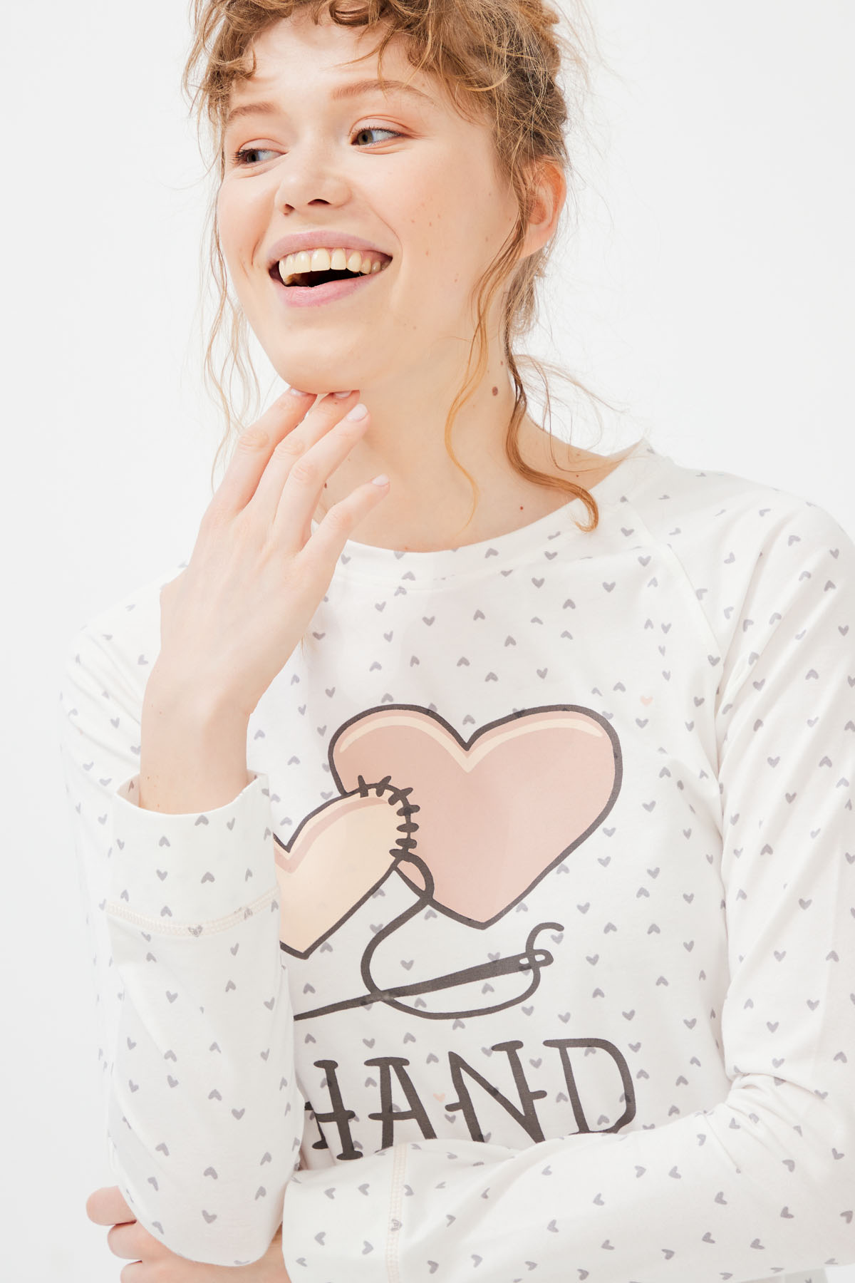 Kadın Kalp Baskılı Pamuklu Uzun Kollu Pijama Üst