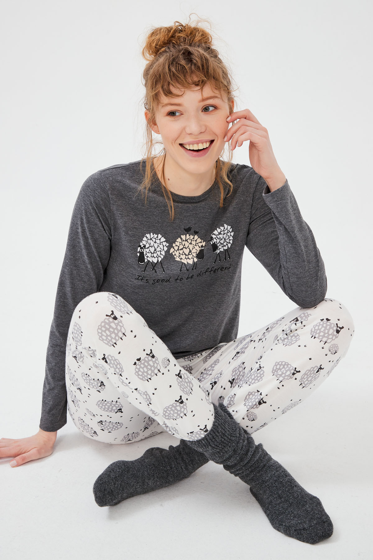 Kadın Kuzu Baskılı Pamuklu Pijama Alt