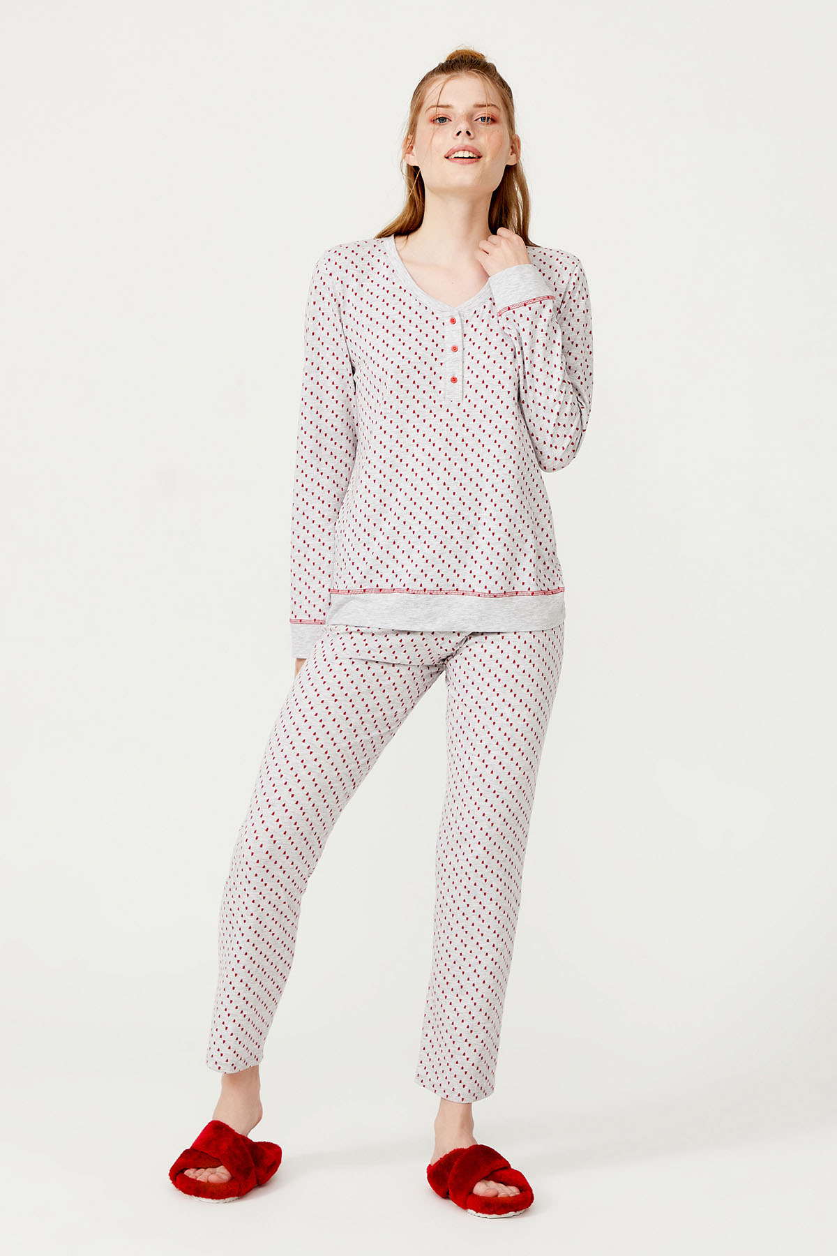 Kadın Pamuklu Patlı Çam Ağacı Baskılı Uzun Kollu Pijama Üst