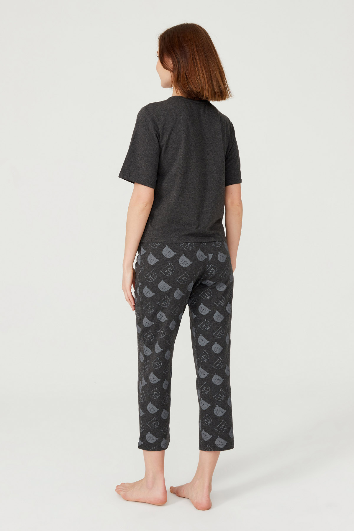 Kadın Ayıcık Baskılı Kısa Kollu Midi Pijama Takımı