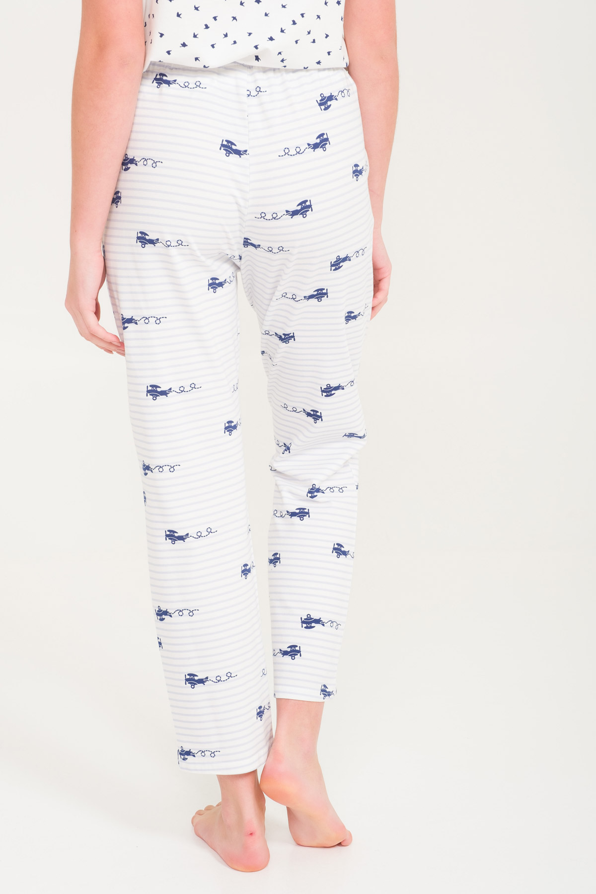Kadın Lacivert Uçak Baskılı Süs Biye Detaylı Uzun Midi Pijama Altı