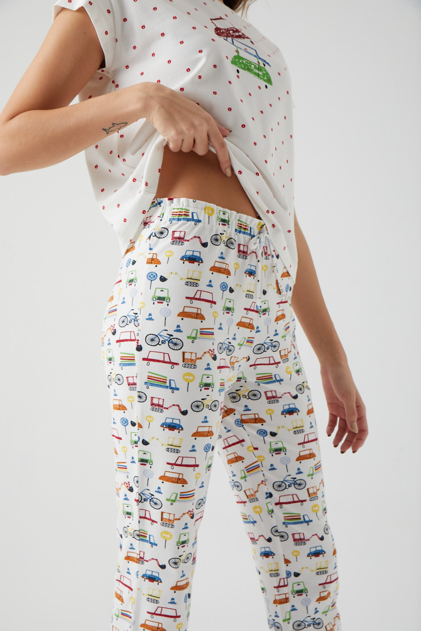 Kadın Araba Baskılı Belde Süs Biye Detaylı Uzun Midi Pijama Altı